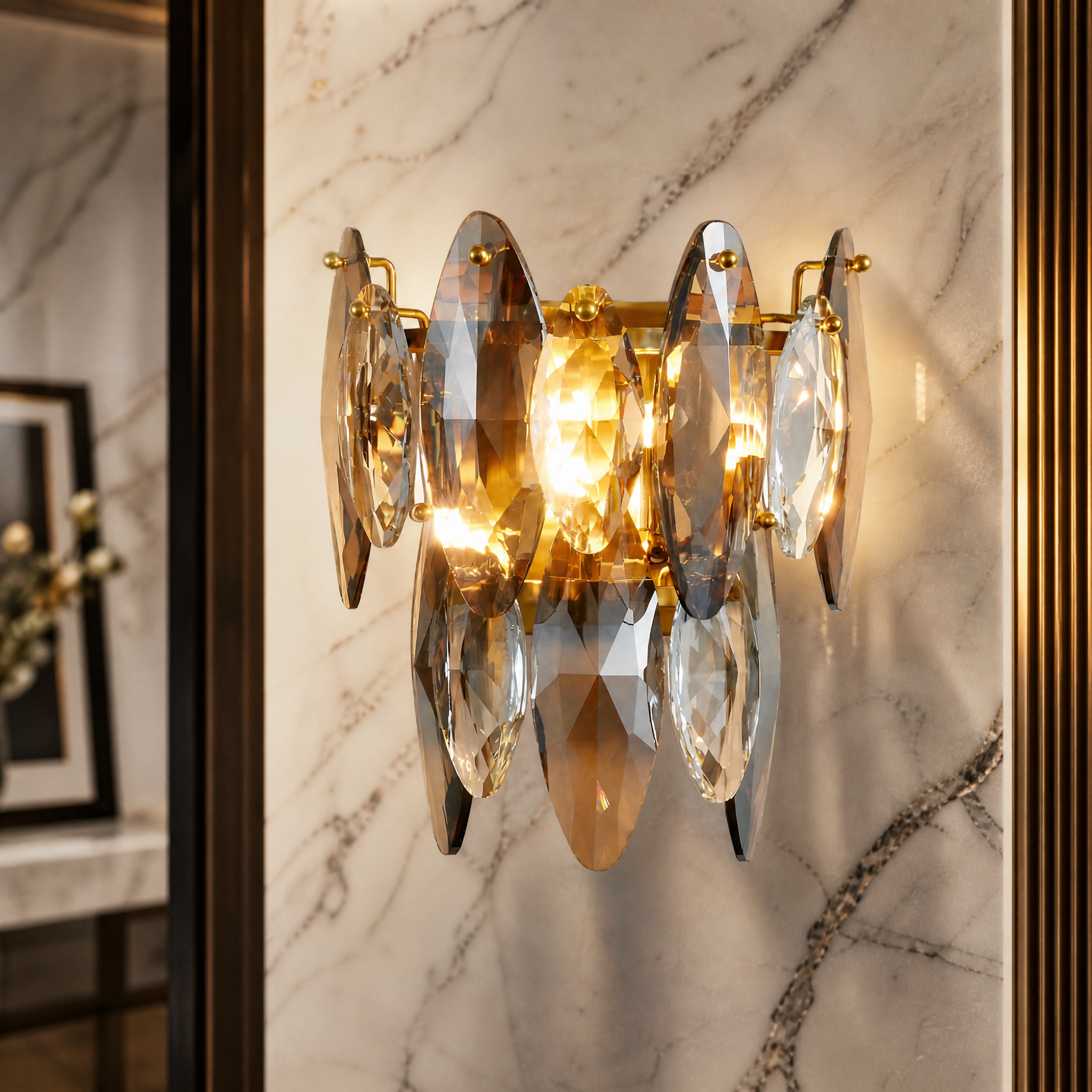 Close-up detail of the clear and smoky crystal ovals on the VORELLI Oakhill Wall Light