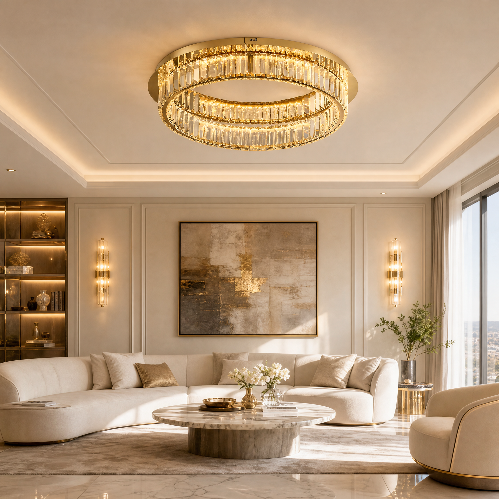 The VORELLI Oia crystal ceiling light illuminating a luxury modern residential living room, casting a warm and elegant glow over contemporary furniture.