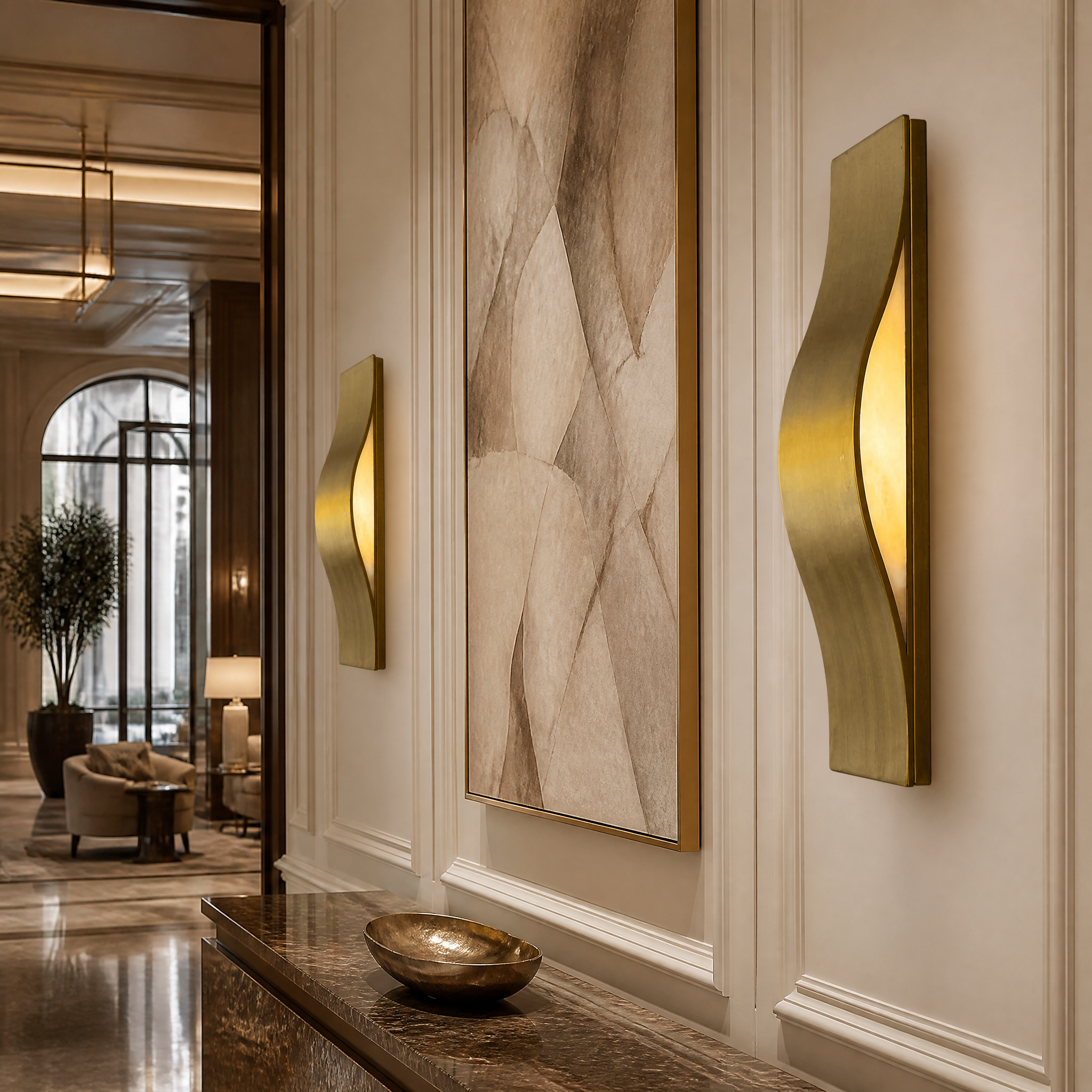 The sculptural Ondina gold sconce providing upscale, sophisticated ambient lighting along a boutique hotel corridor.