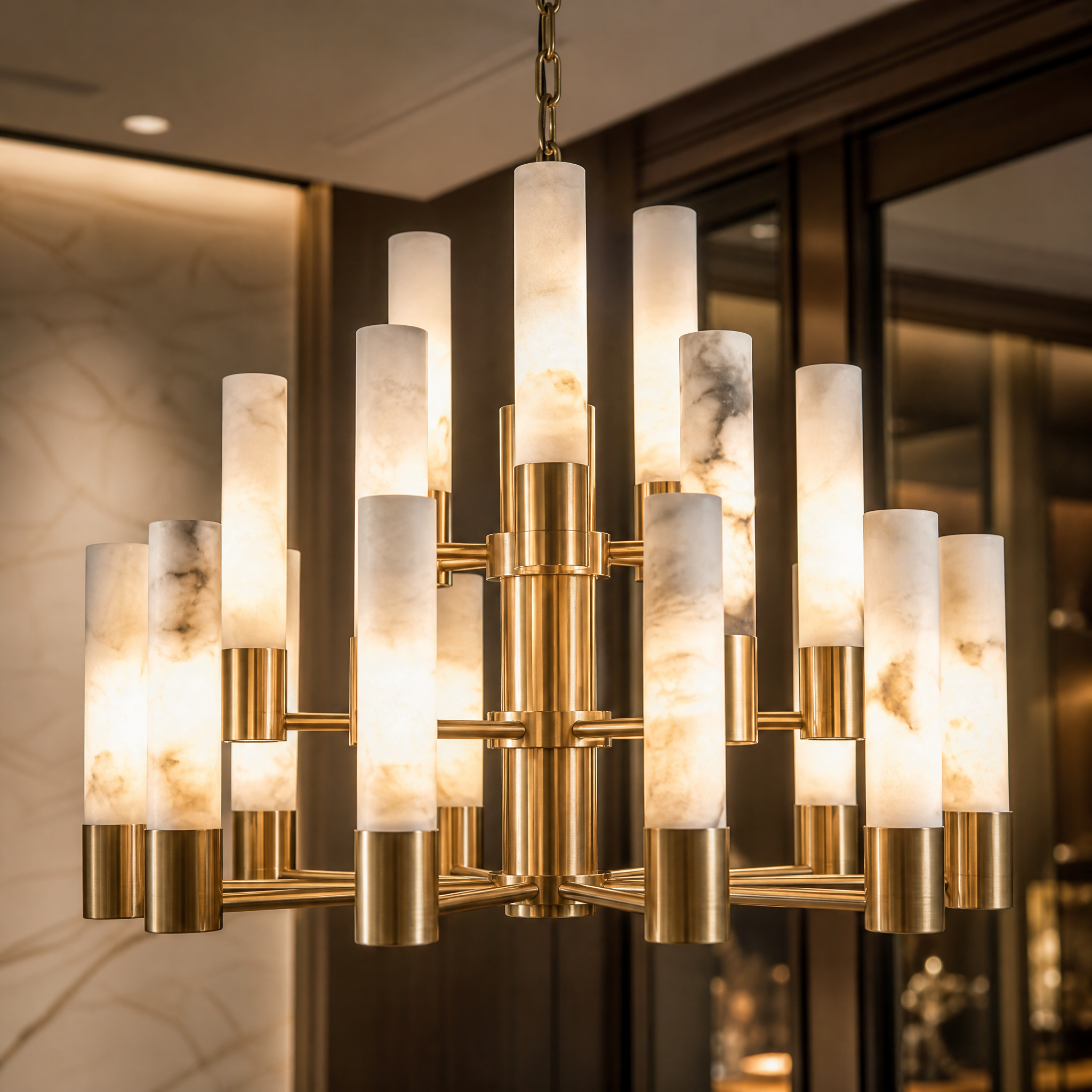Detailed closeup of the VORELLI Oritano Chandelier, highlighting the natural textures of the Spanish alabaster tubes secured to the premium brass structure.