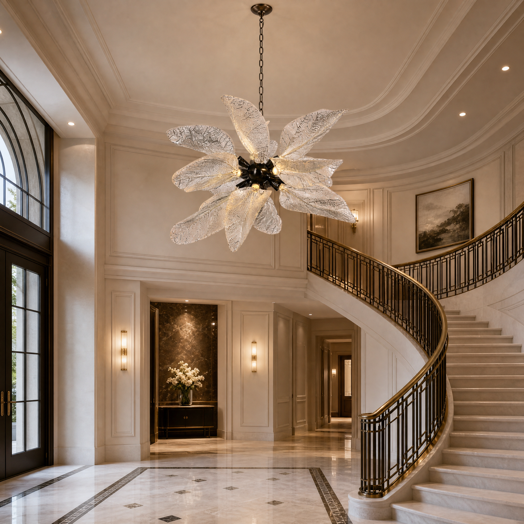 Refined Ottobre Pendant Light installation in a luxury boutique hotel lobby, highlighting autumnal organic glass shapes.
