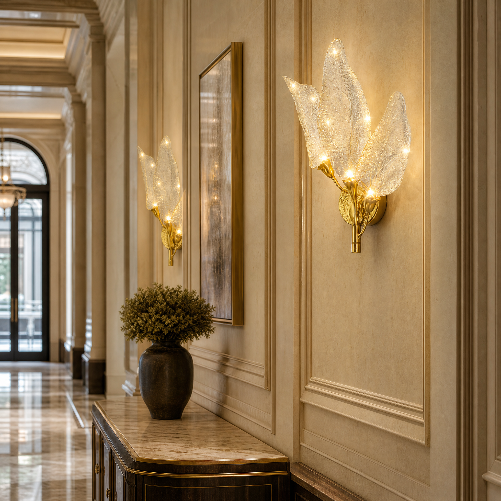 An elegant hospitality setting featuring the VORELLI Ottobre sculptural wall sconce, bringing understated luxury and mood lighting to a boutique hotel lounge.