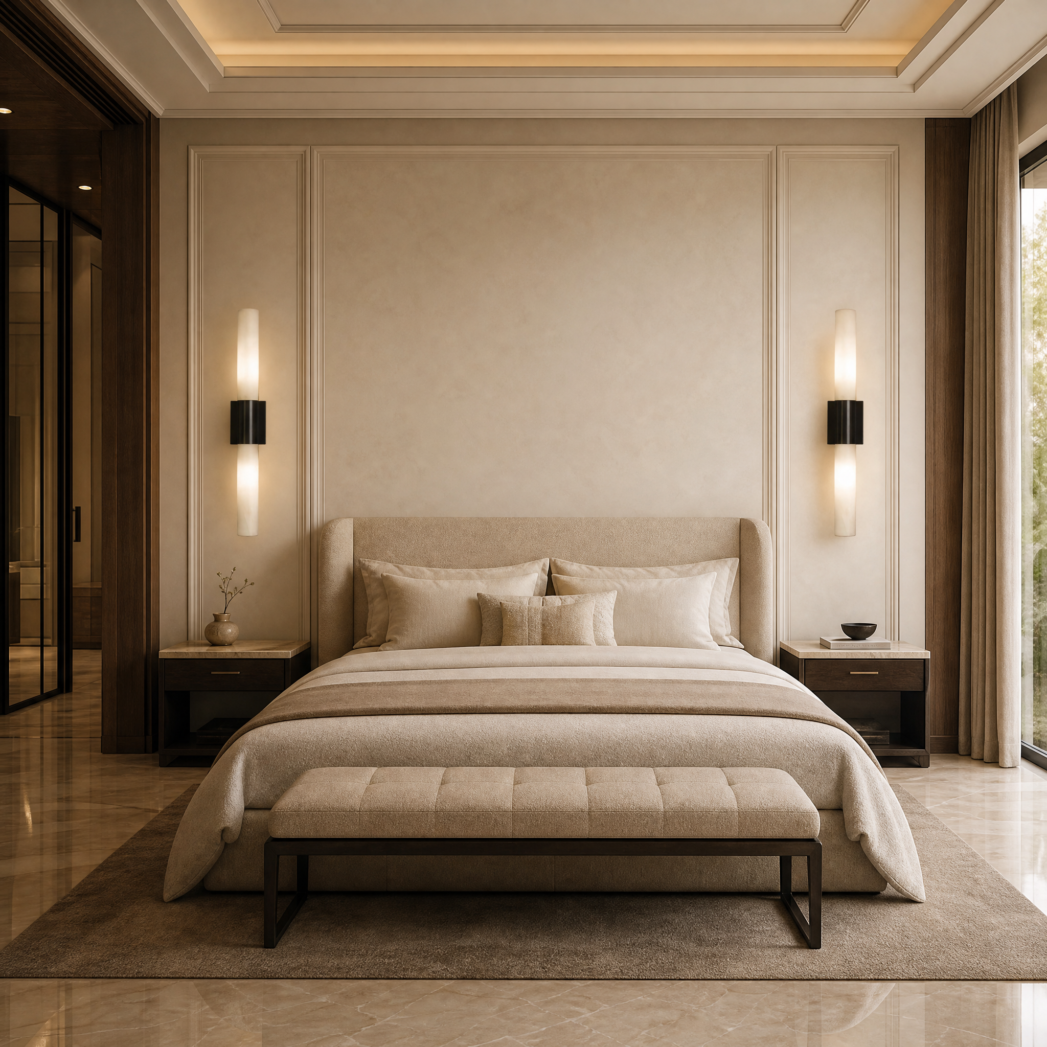 VORELLI Palermo marble wall light illuminated in a luxury modern residential living room setting, showcasing Italian sophistication.