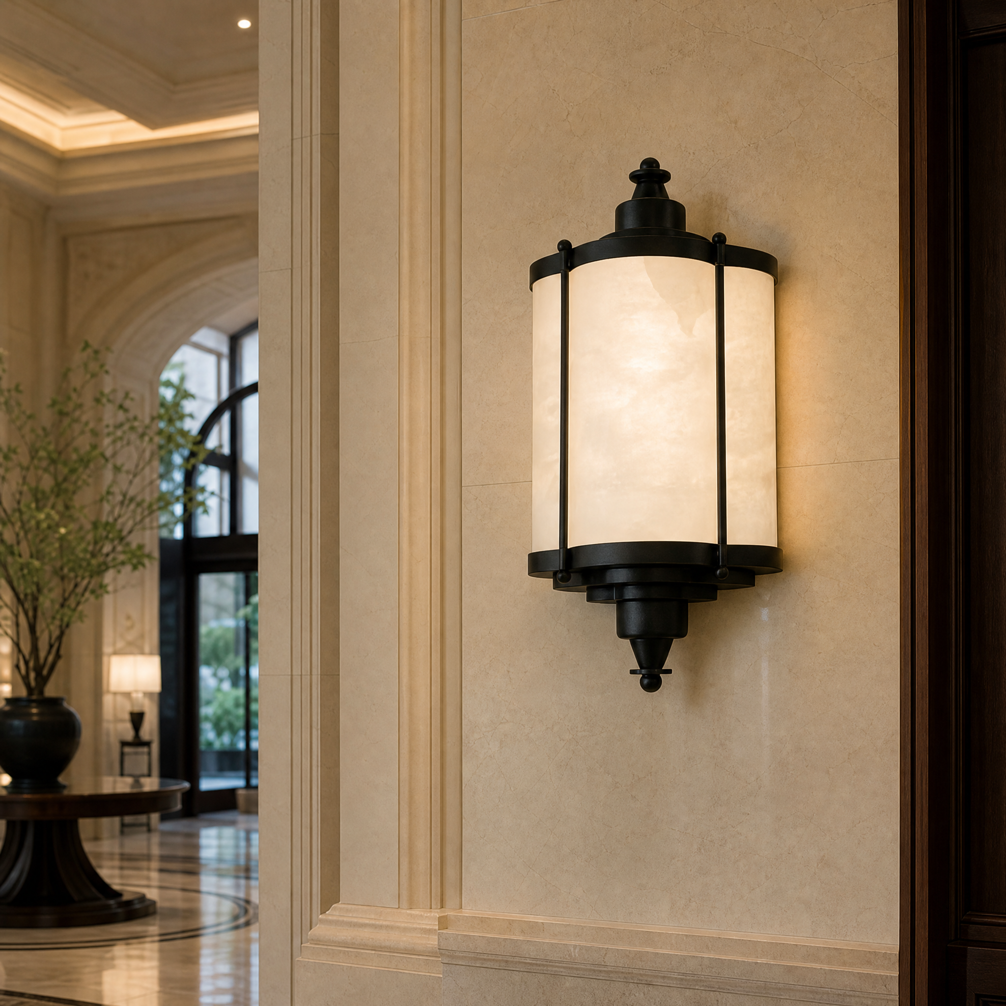 A row of luxury Palmar marble wall lights illuminating a high-end hotel corridor, highlighting the classic architectural lantern design.