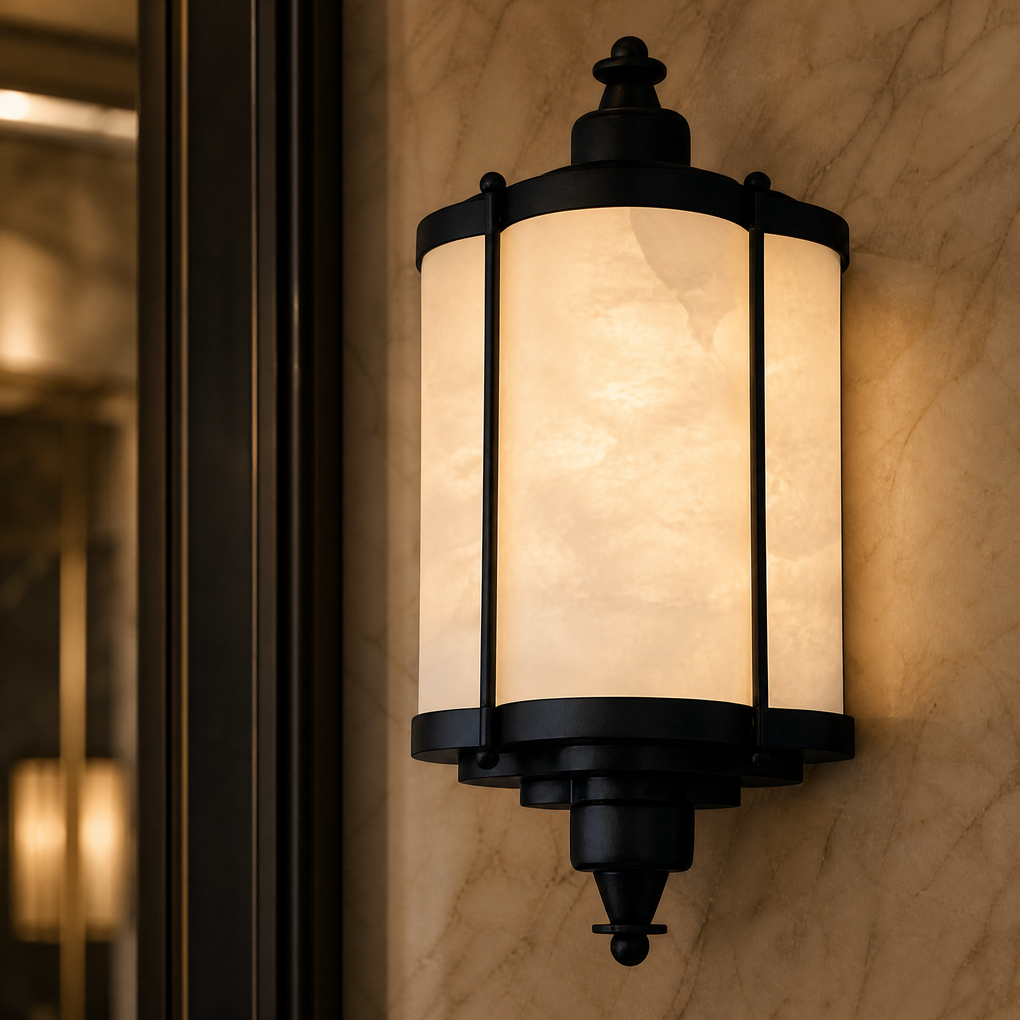 A detailed closeup of the VORELLI Palmar wall light, showcasing the natural grain and smooth texture of the luxury marble panels.