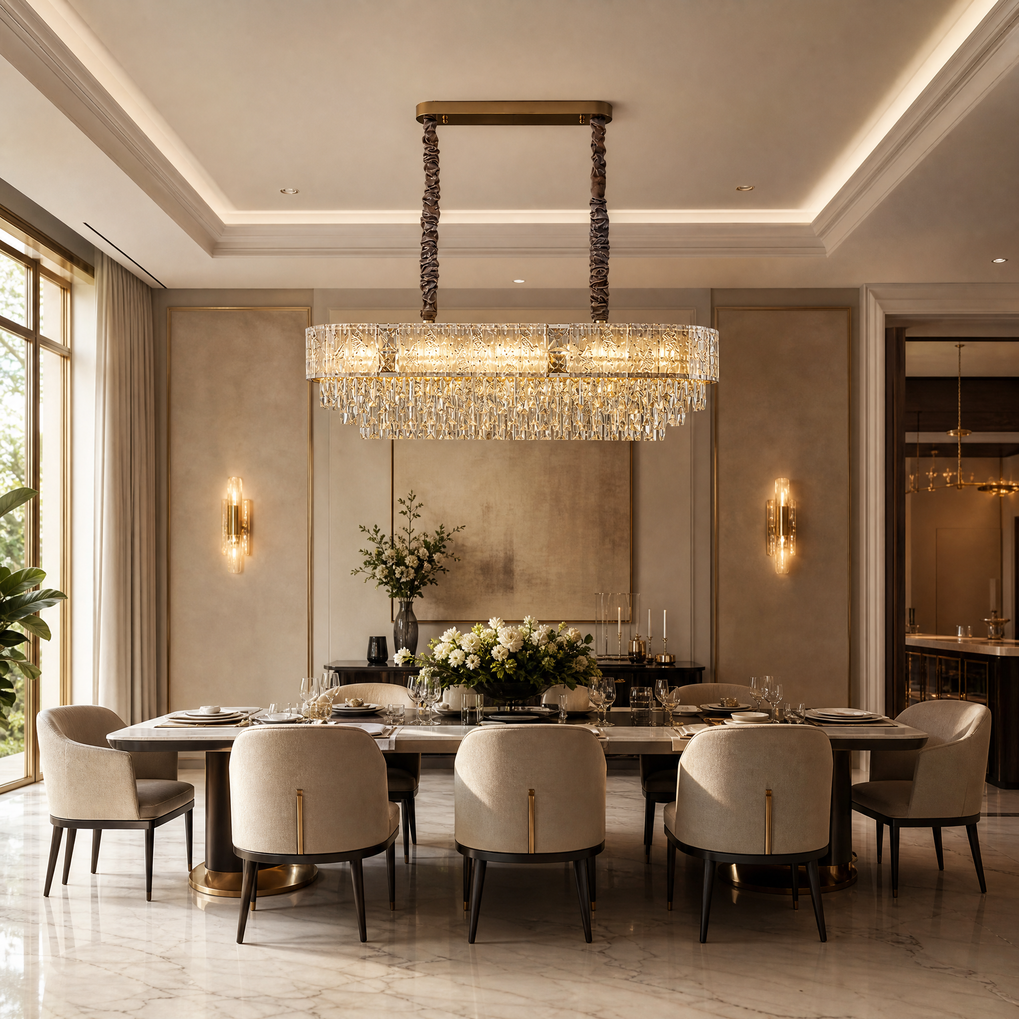 A luxurious Patrizio rectangular crystal chandelier illuminating a modern residential dining space with sparkling diamond-cut and cracked crystal textures.