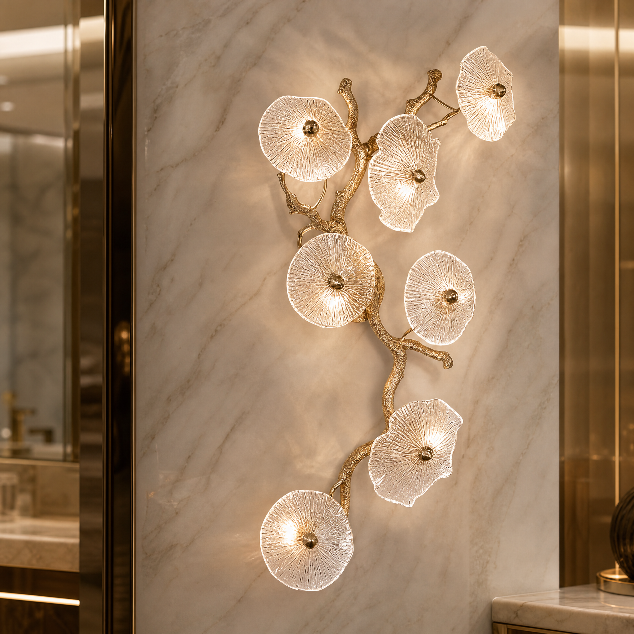 Macro shot of the sculpted glass leaves on the VORELLI Penny Leaf Wall Light, highlighting the fine craftsmanship and organic texture.