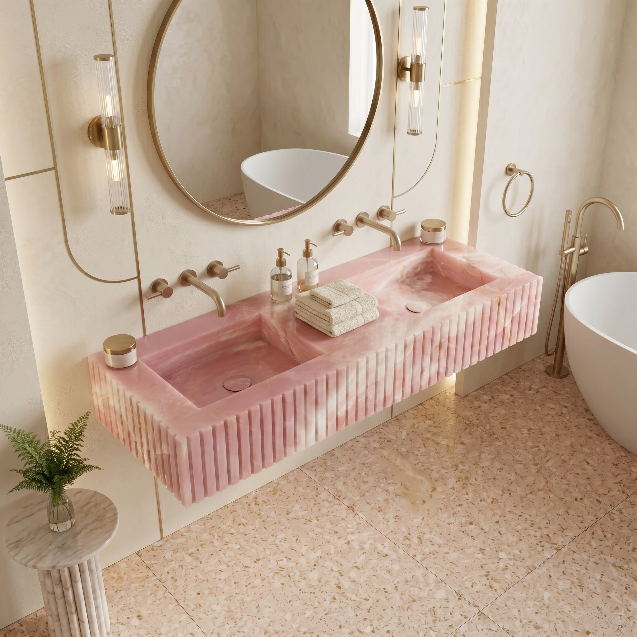 Pink Onyx Double Sink - Fluted