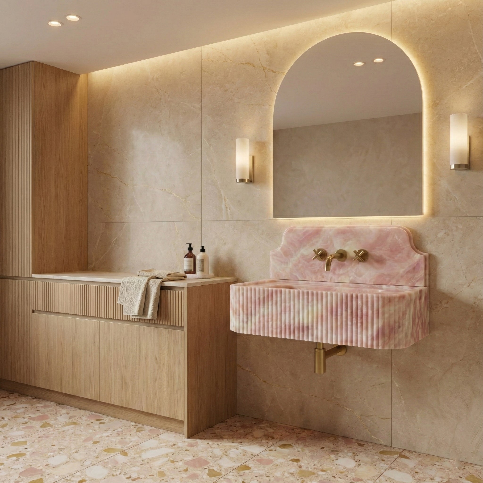 Pink Onyx Backsplash Sink - Fluted