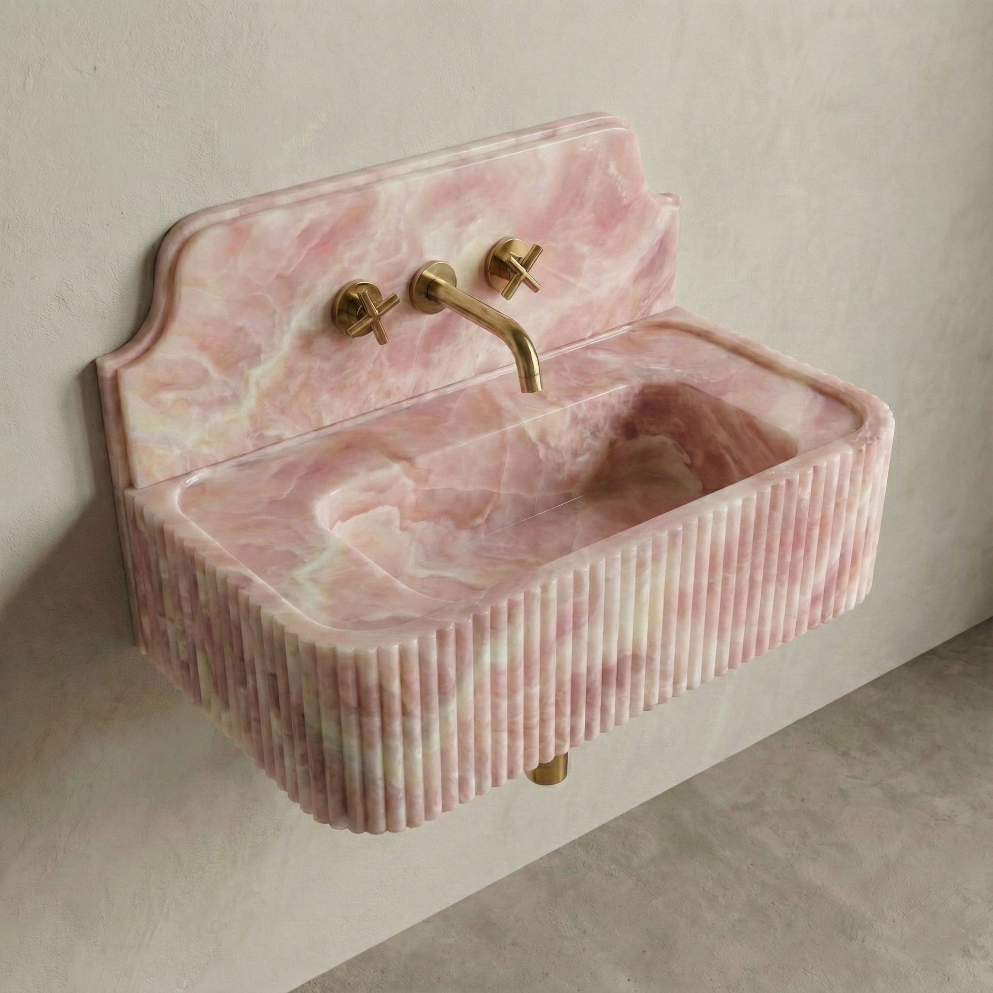 Pink Onyx Backsplash Sink - Fluted