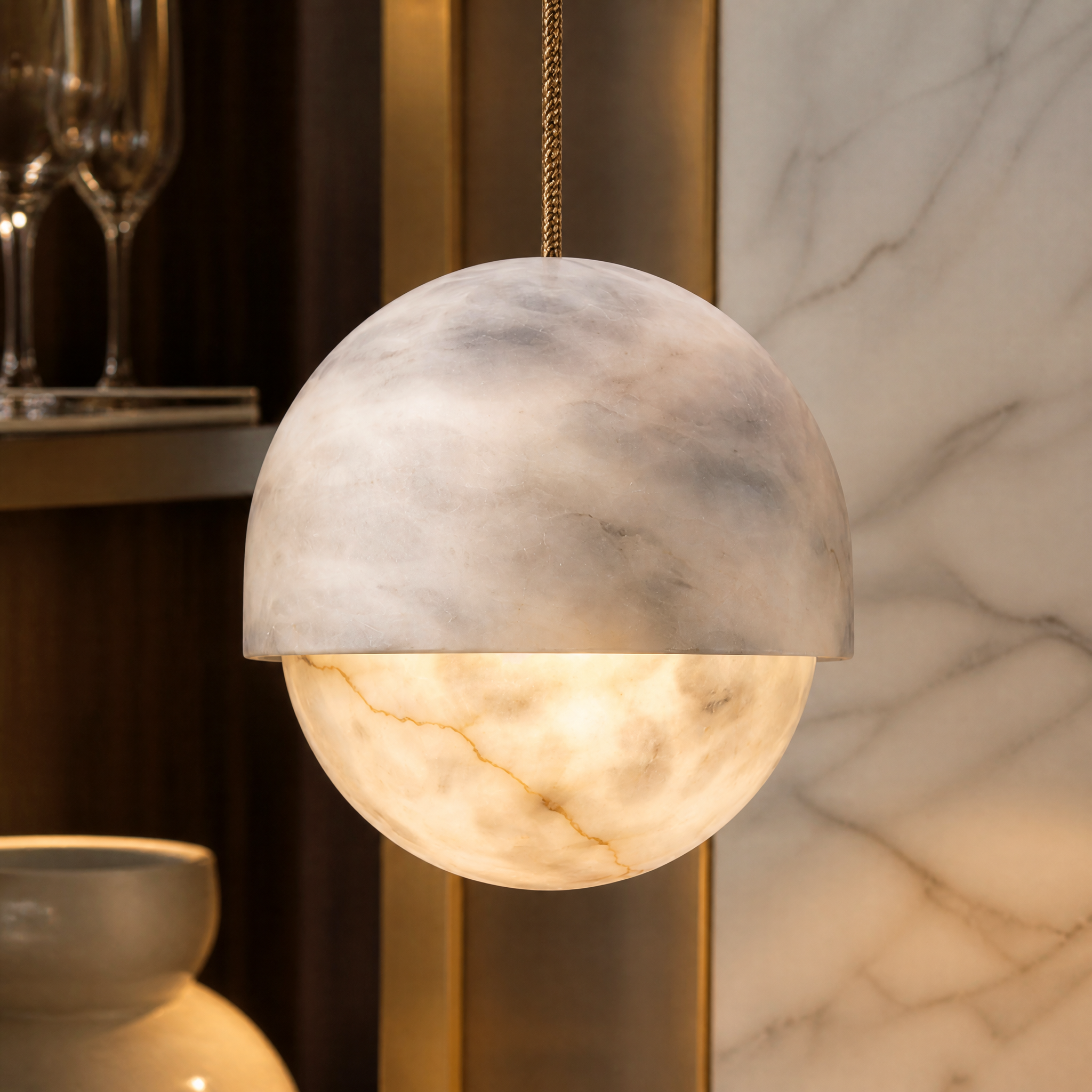 A detailed closeup of the VORELLI Pluto Marble Pendant Light, highlighting the unique veins of the natural stone half-sphere and its refined, elegant craftsmanship.