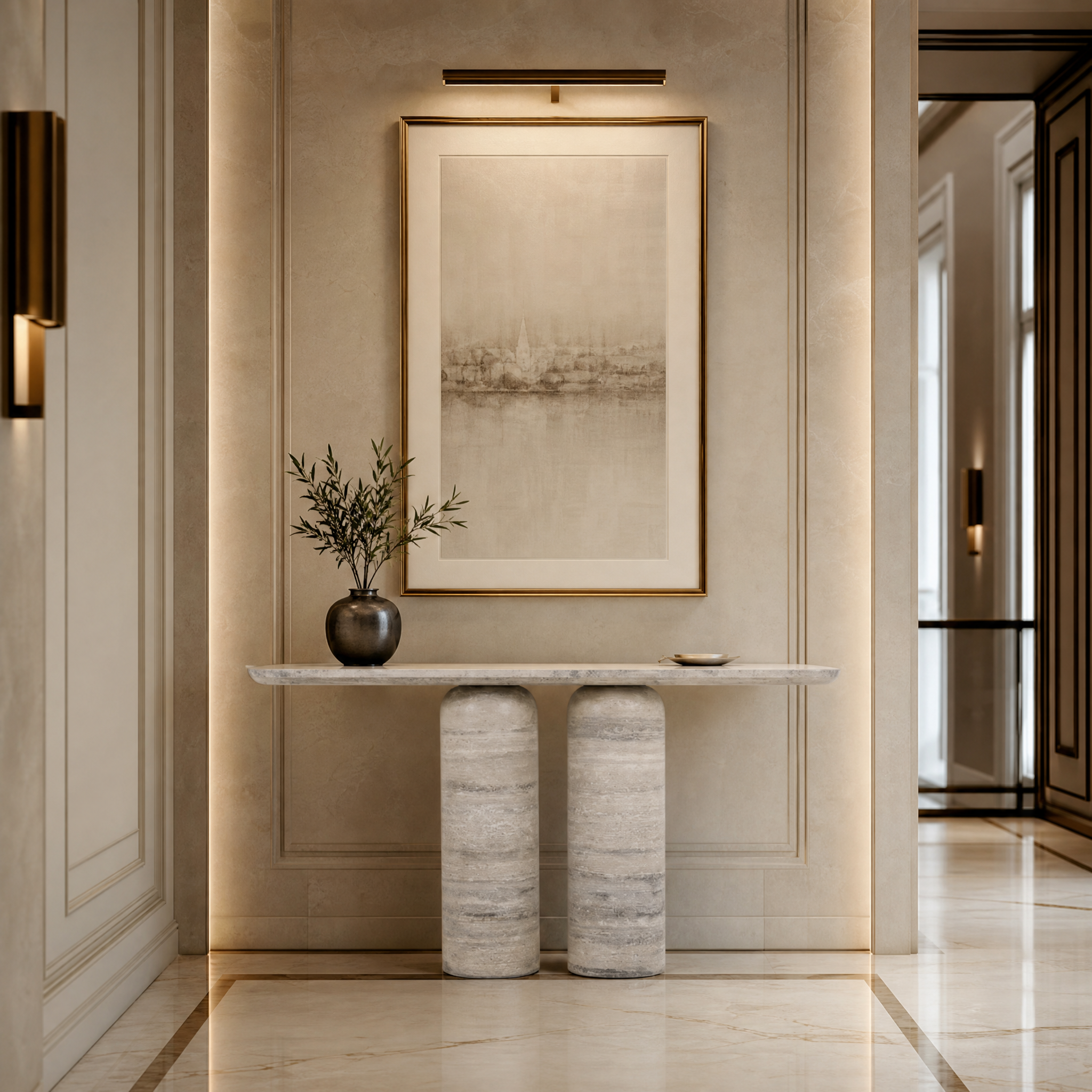 The VORELLI Posillano solid silver travertine console table adding classical elegance to a high-end hotel lobby entrance hall.