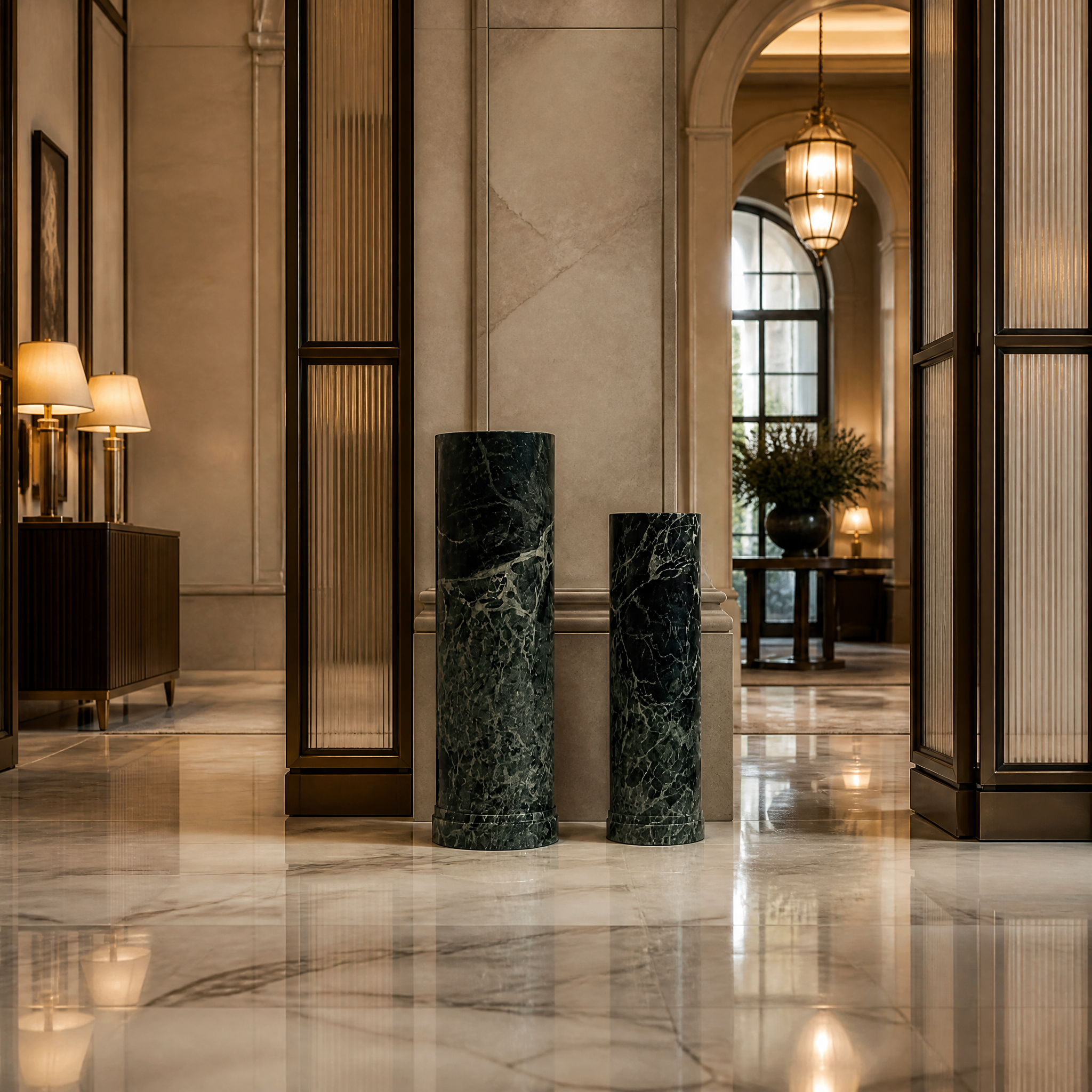 Elegant Prada Green marble architectural column displayed in a high-end hotel lobby to provide a sophisticated contemporary aesthetic.