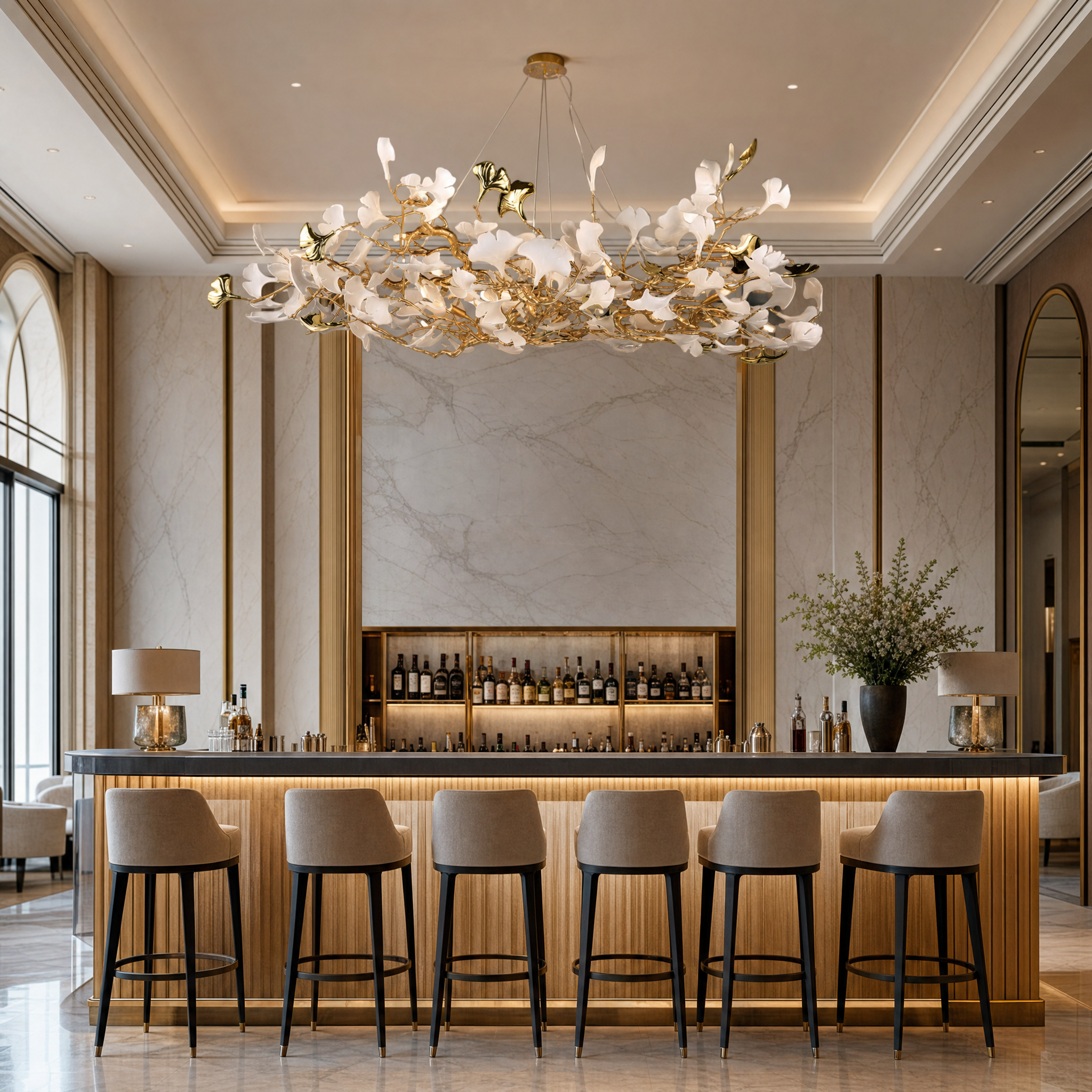 The sculptural Prano rectangular chandelier by VORELLI suspended in a high-end hospitality lounge, creating an upscale atmospheric presence.