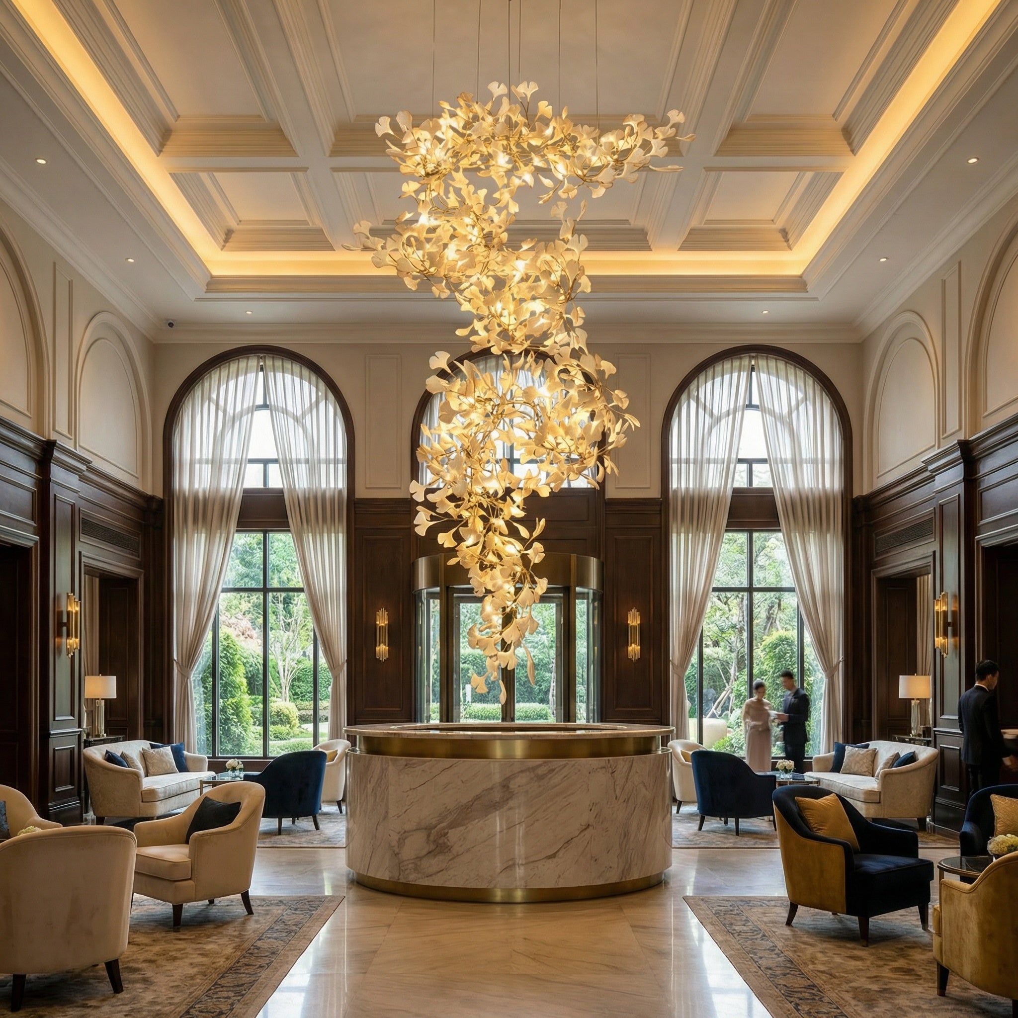Prano linear staircase chandelier illuminating a grand double-height luxury lobby