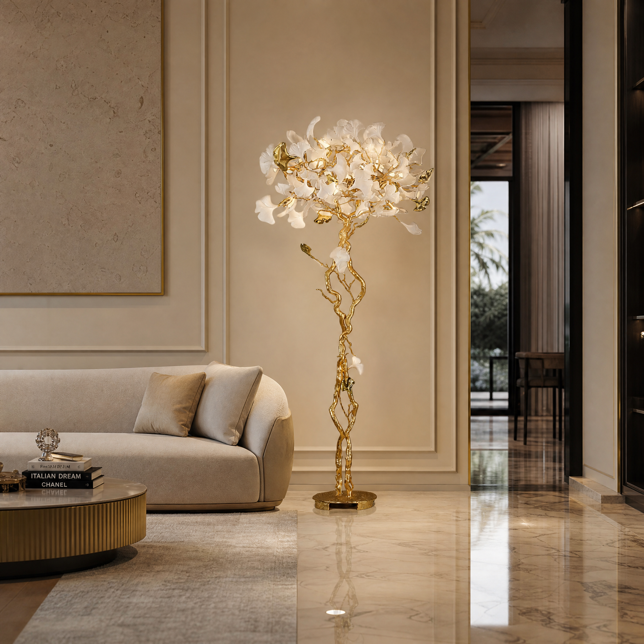 VORELLI Prano floor lamp with flowing branch silhouettes illuminating a luxury residential living room with a soft ambient glow.