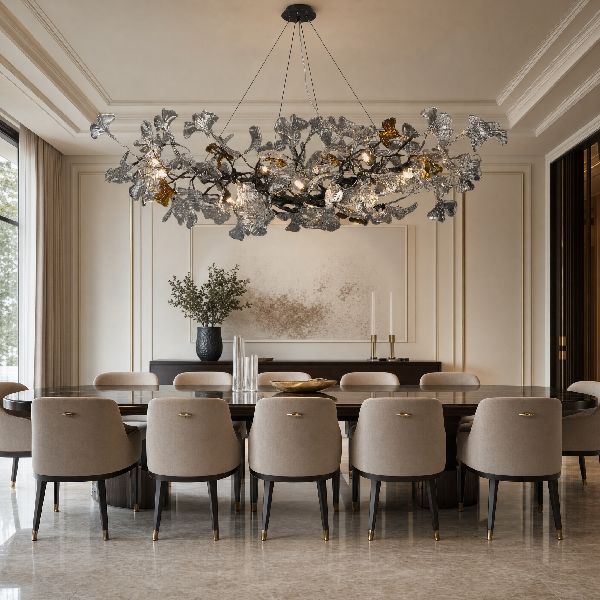 The VORELLI Prano Rectangular Chandelier II casting a warm, elegant glow over a luxury contemporary dining room setting.