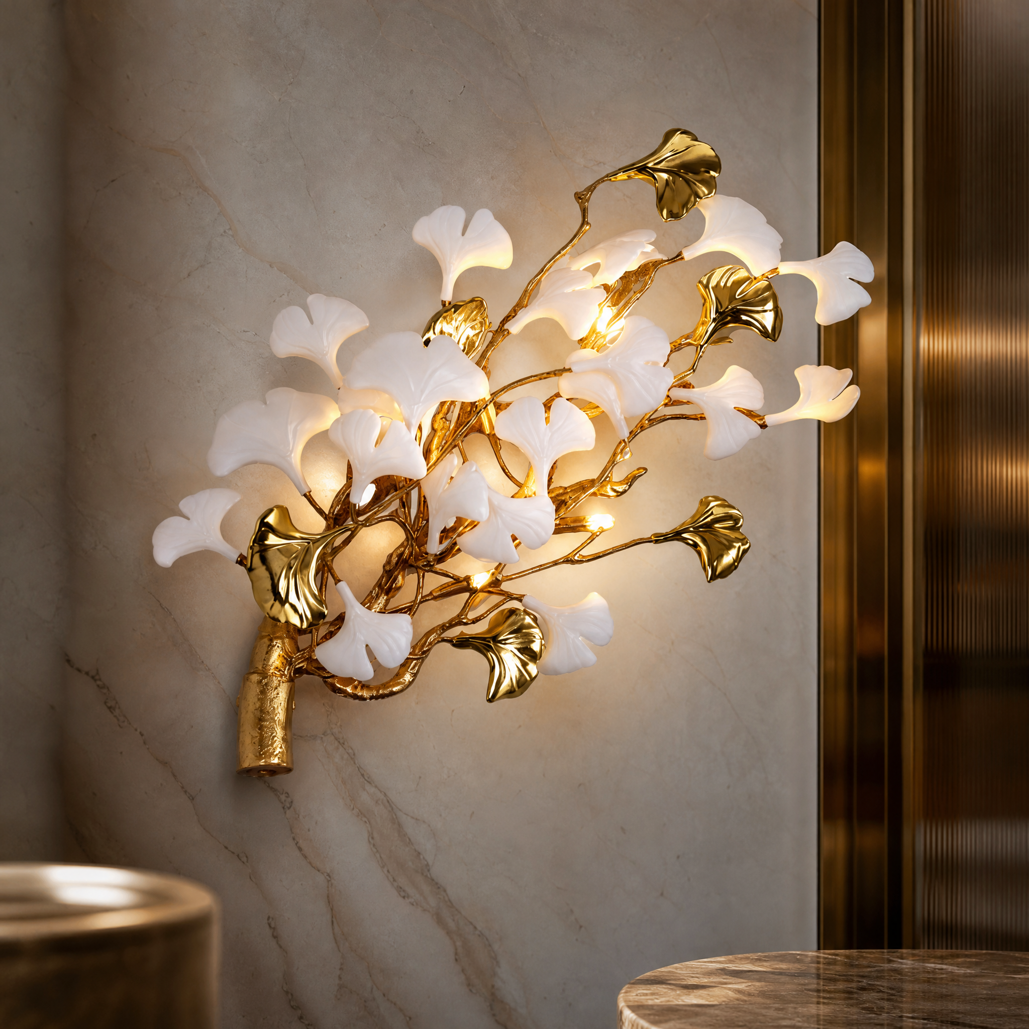Detailed closeup of the VORELLI Prano wall light highlighting the intricate, sculpted ceramic petals and fine craftsmanship.