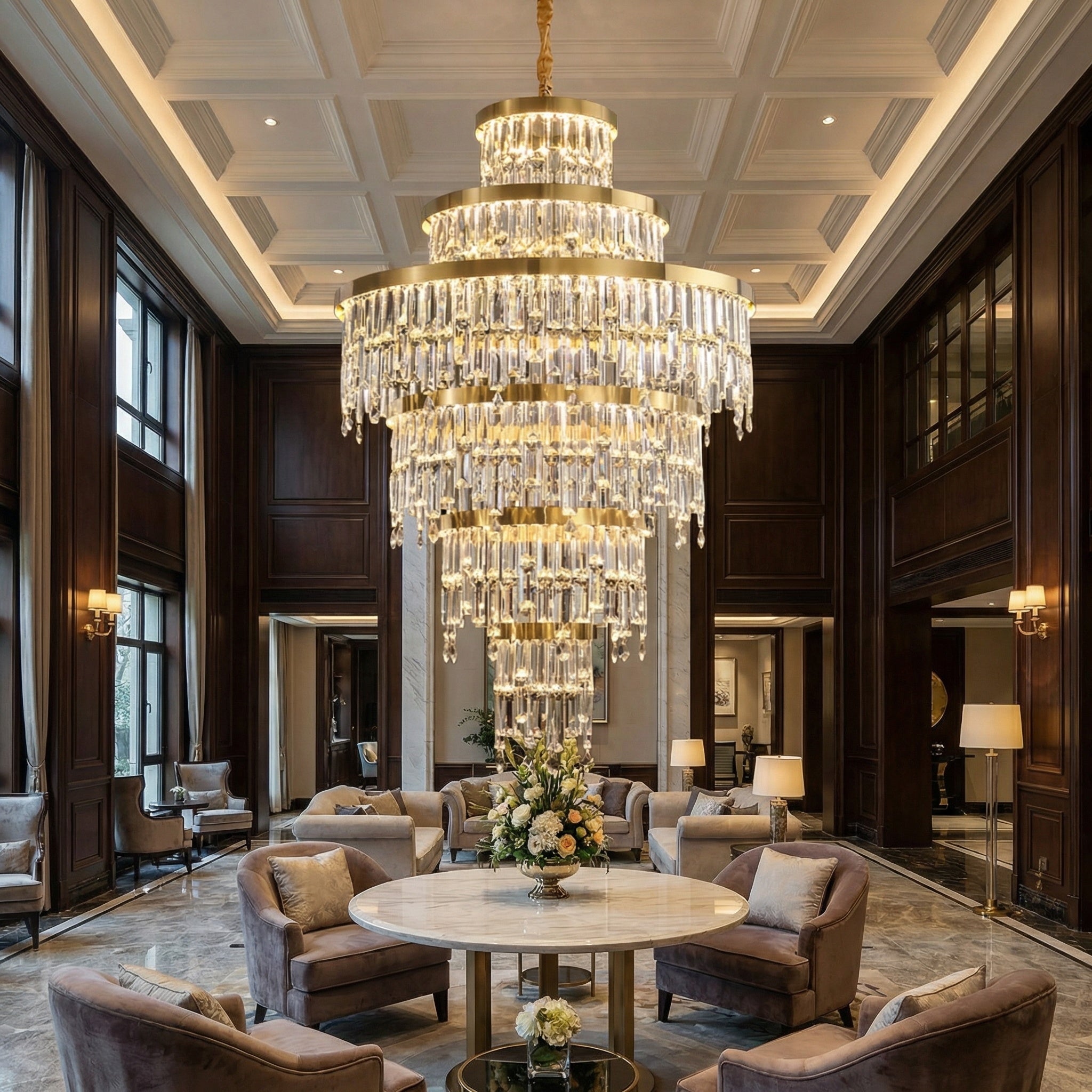 Prazzo ring staircase chandelier illuminating a luxury grand foyer with cascading crystal tiers