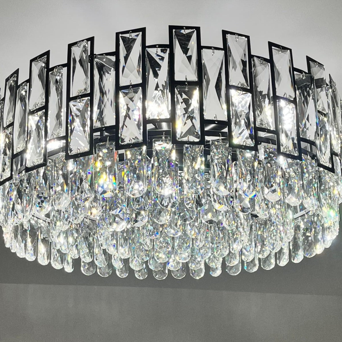 Close up underside view of faceted arch cut crystals on Presidio circular chandelier