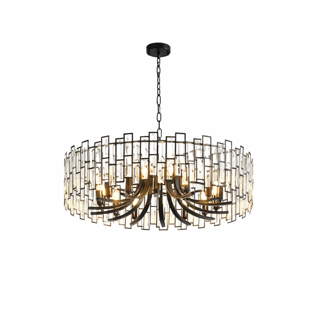 Presidio Circular Chandelier II featuring sleek rectangular crystal bars arranged around suspended round frame on white background