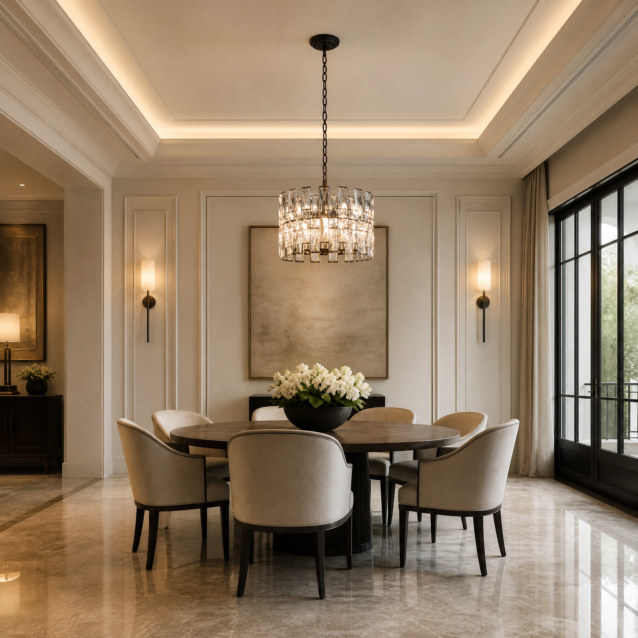 The VORELLI Presidio pendant light casting a warm glow over a contemporary residential living room, showcasing its streamlined design and matte finish.