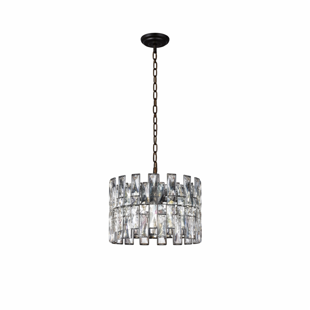 Presidio pendant light featuring sleek rectangular crystal bars arranged around compact suspended frame on white background