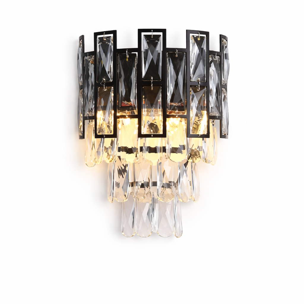 Presidio wall light featuring sleek rectangular frames and cascading faceted arch cut crystals on white background