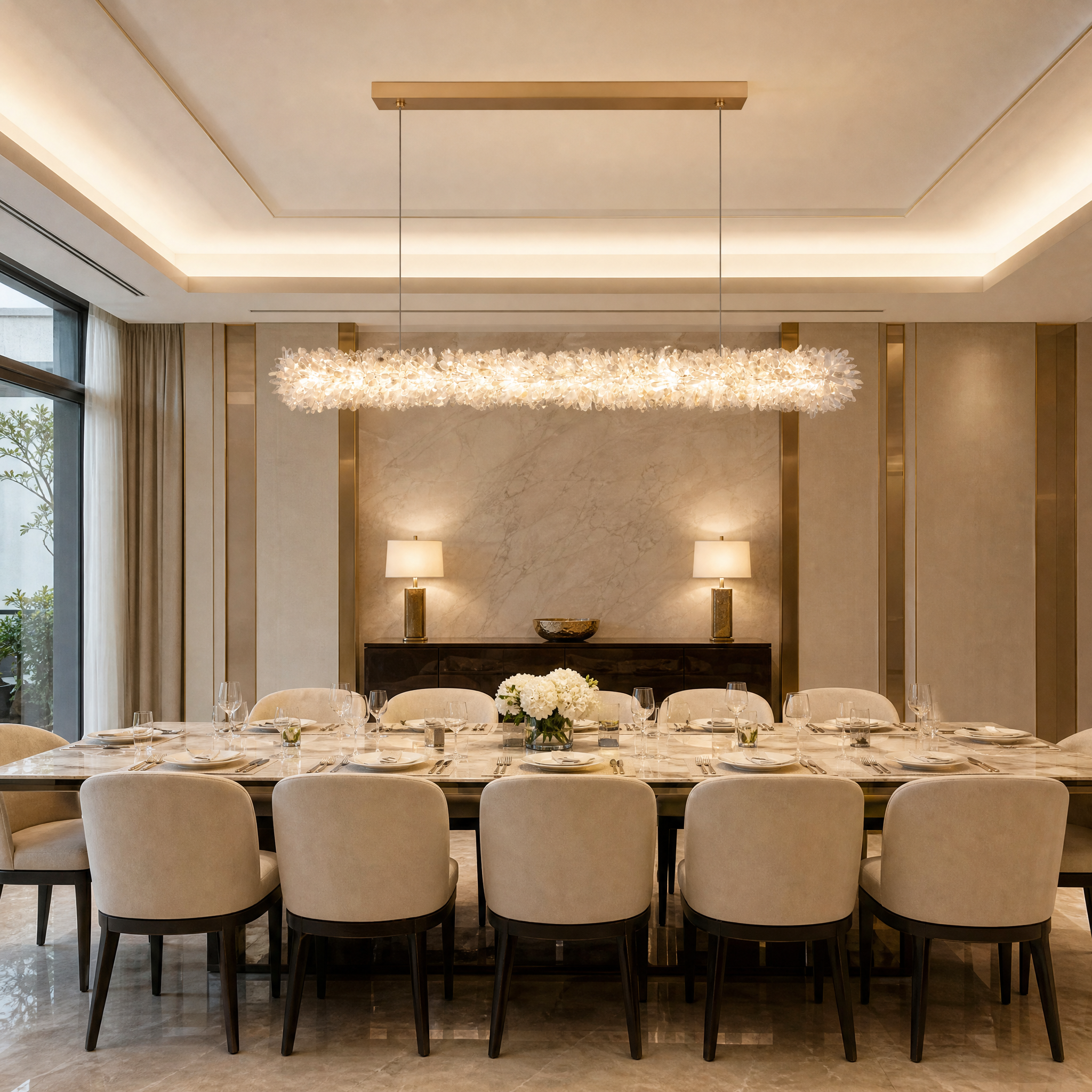 Modern hospitality interior featuring the VORELLI Quartz Linear Rectangular Chandelier suspended over a contemporary luxury bar lounge.