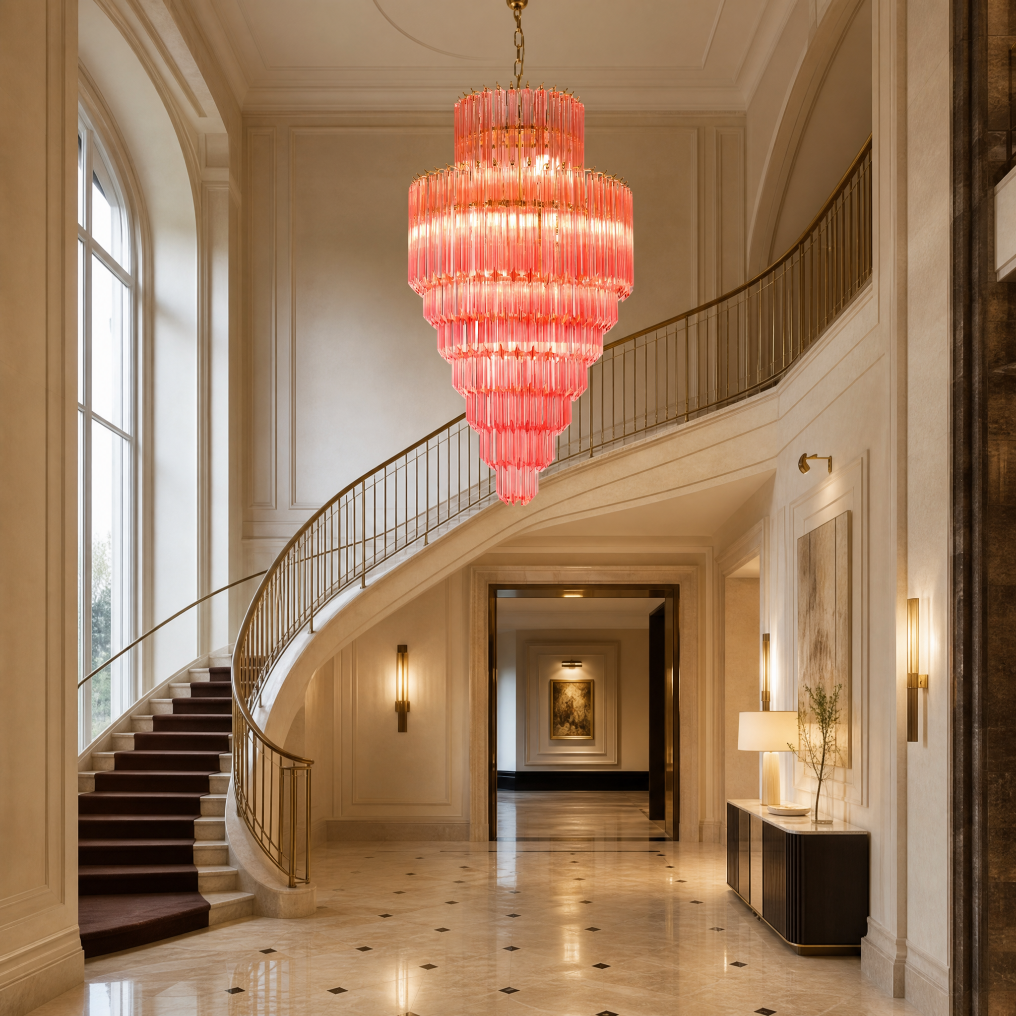 Midcentury Murano-inspired Raffaello Grandeur pink glass chandelier showcasing sculptural drama in a high-end hospitality hotel lobby.