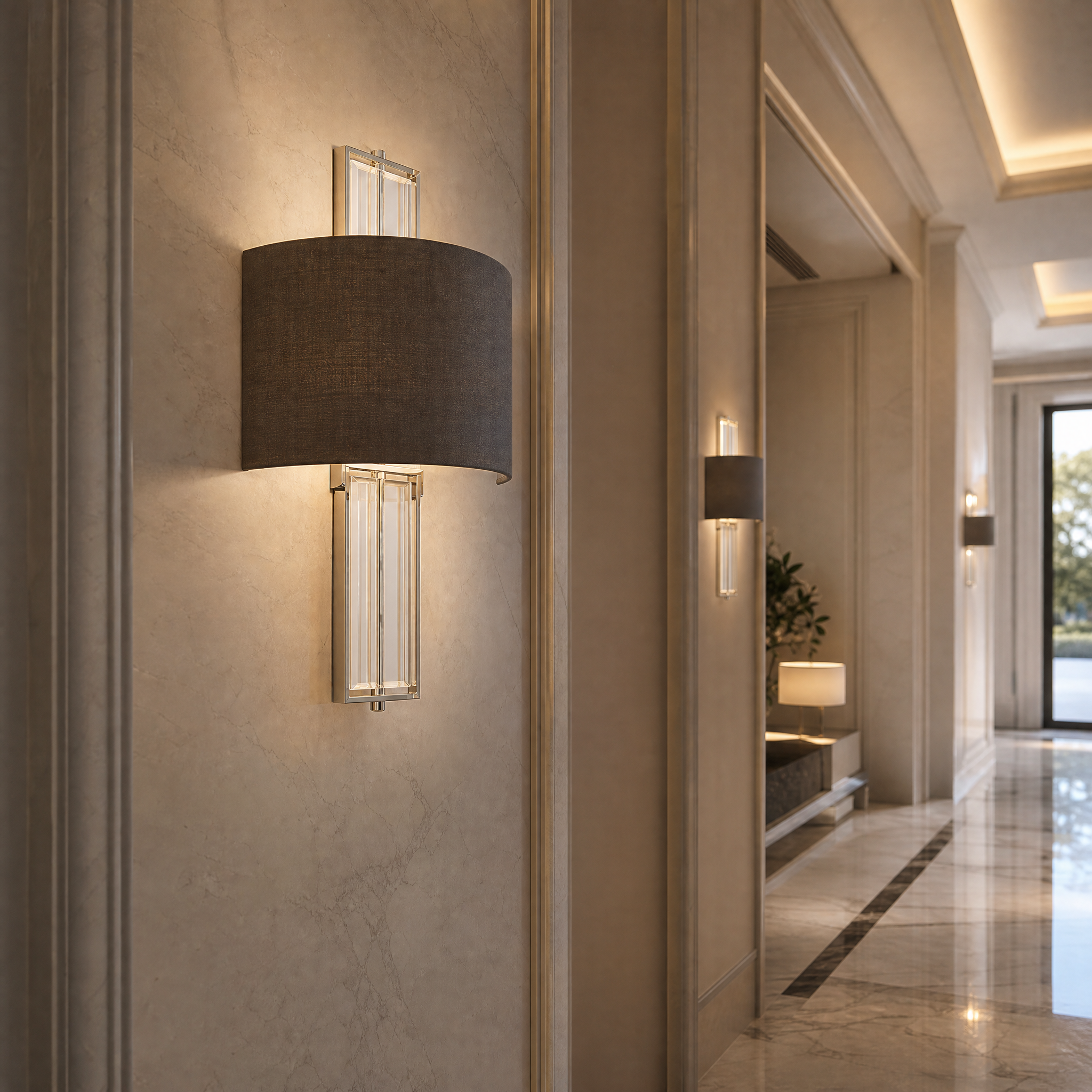 A pair of elegant Ravelle nickel wall sconces with refined charcoal fabric shades providing warm ambient lighting in a boutique hotel corridor.