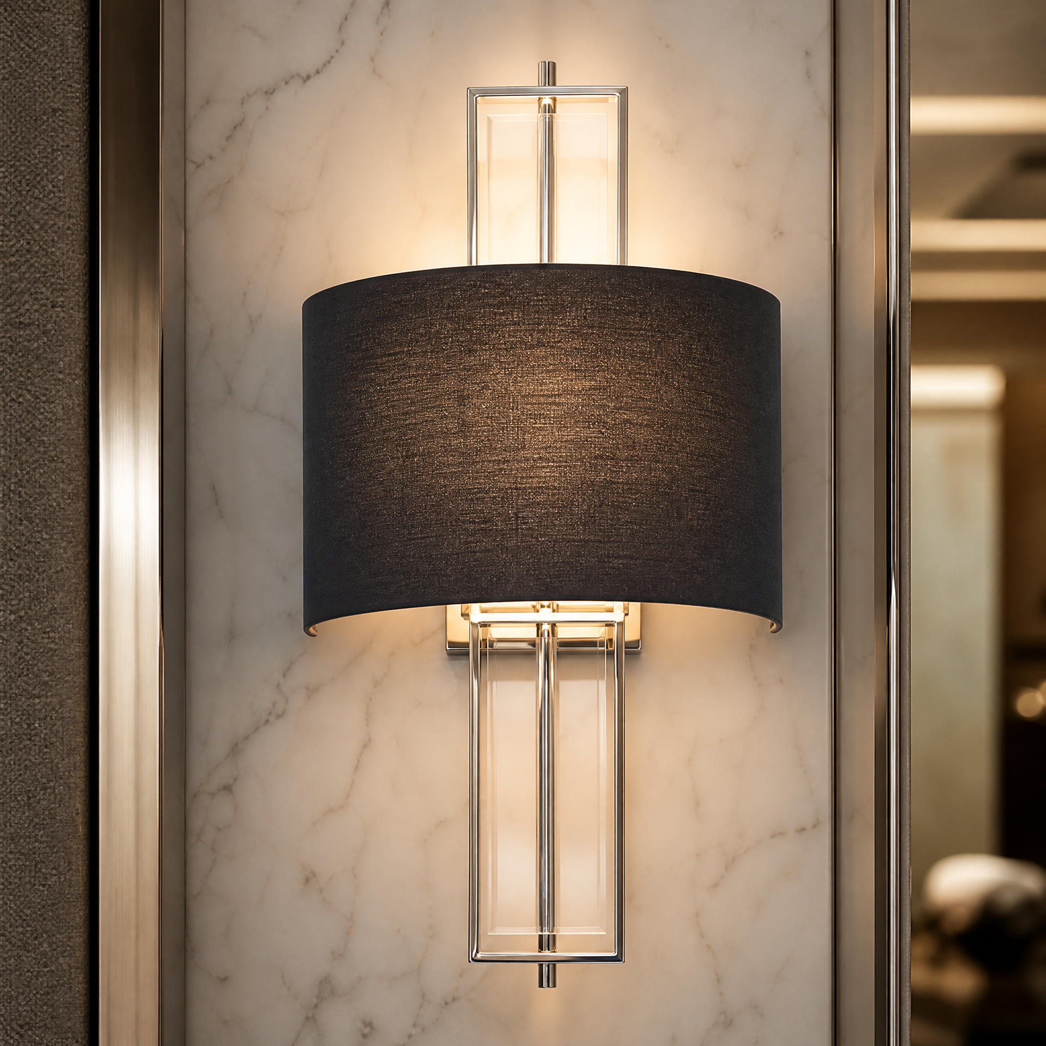 Detailed closeup of the VORELLI Ravelle wall light showing the polished nickel finish, structured silhouette, and elegant crystal accents.
