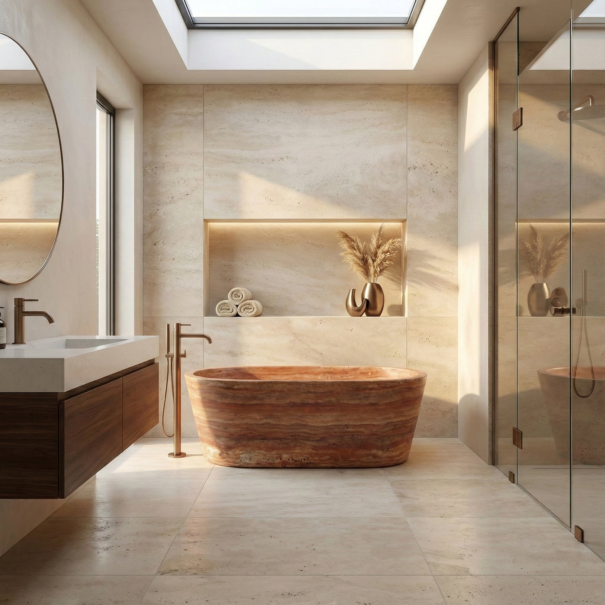 Red Travertine Freestanding Bathtub - Tapered