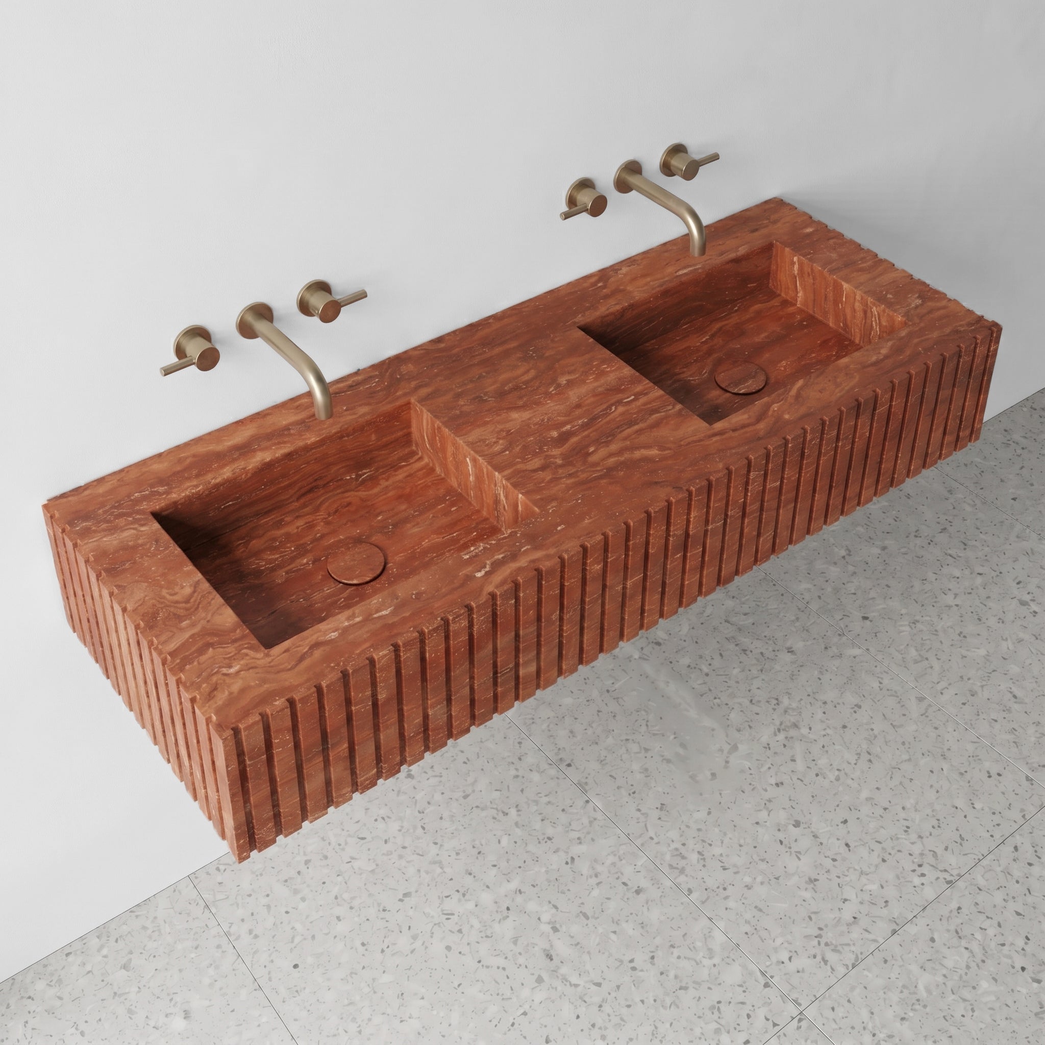 Red Travertine Double Sink - Fluted