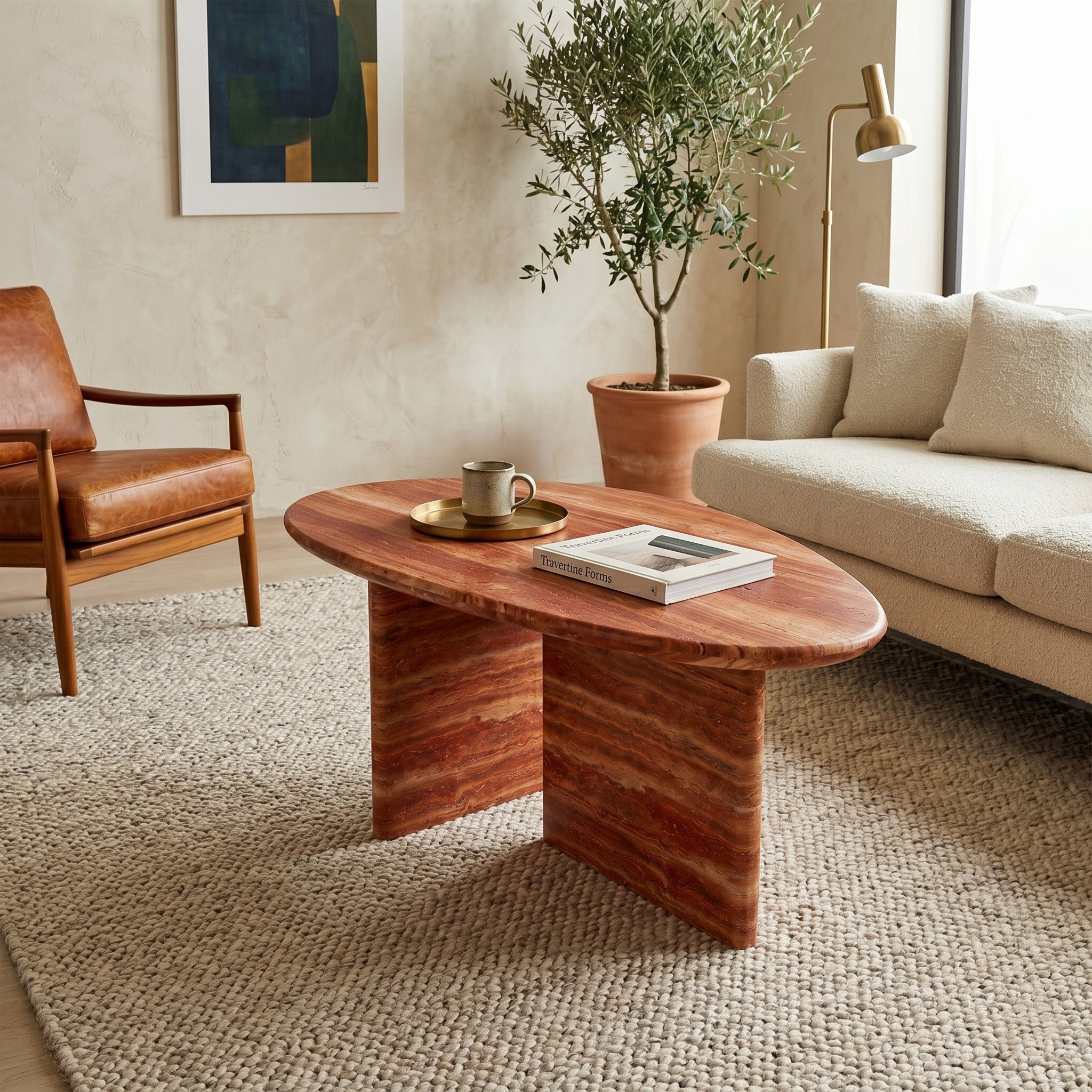 Red Travertine Coffee Table - Pebble