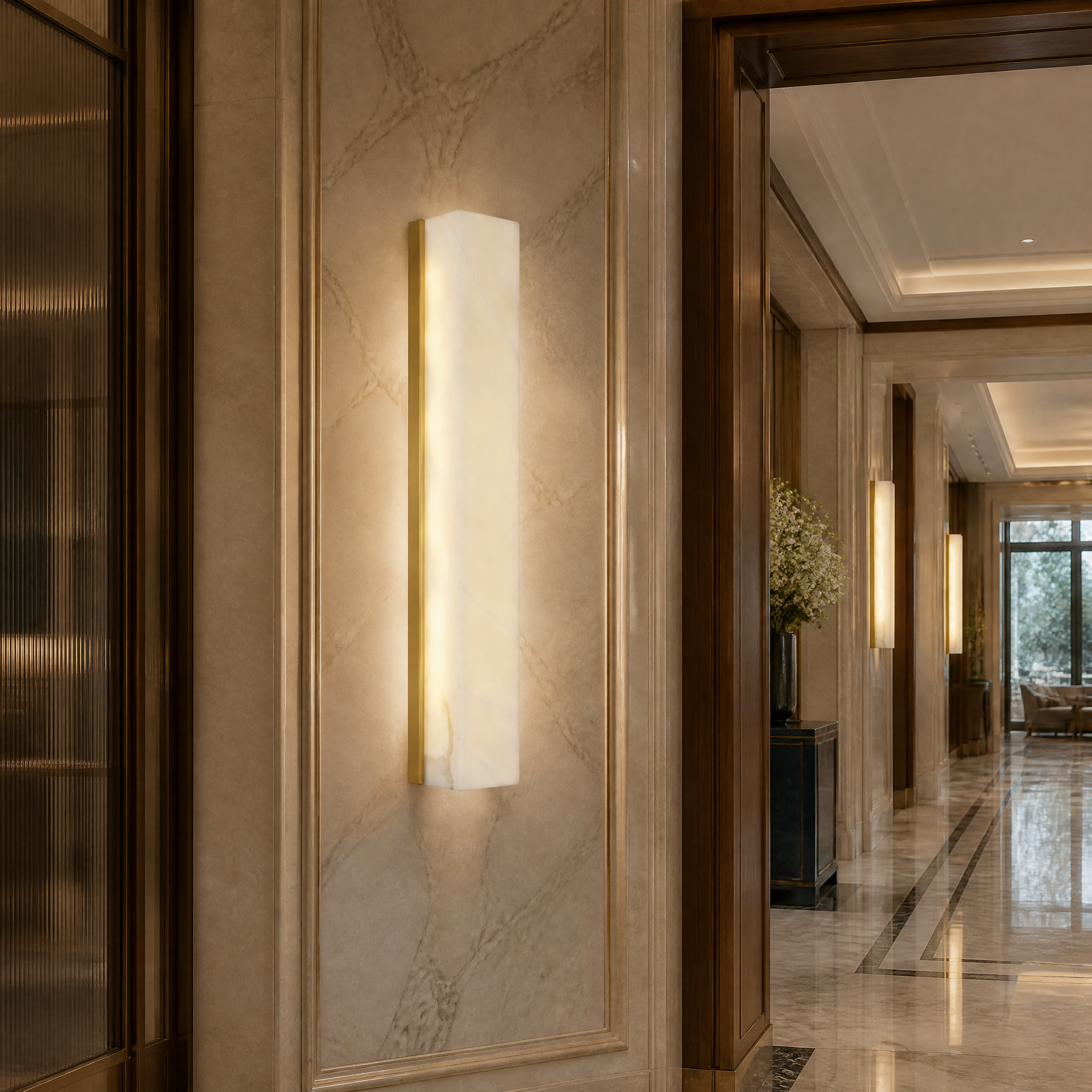 Elegant hospitality corridor lighting featuring a row of Vorelli Revo Marble Wall Sconces.