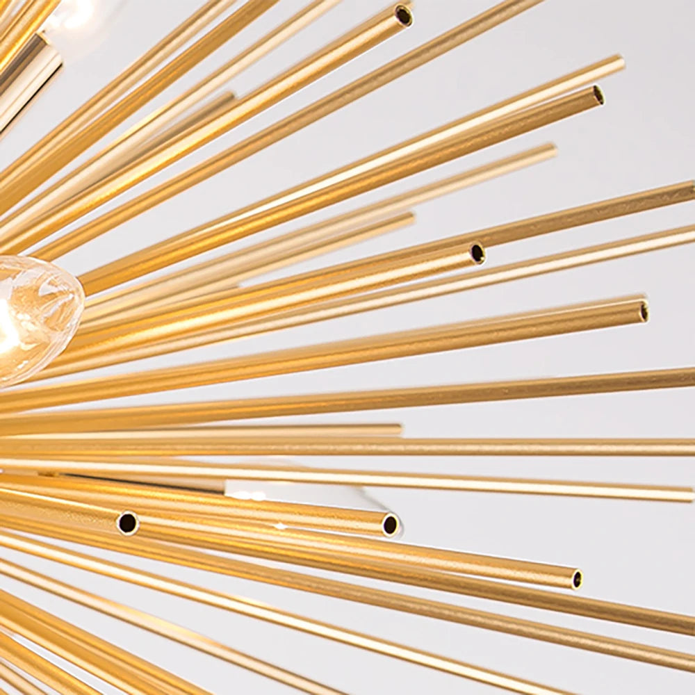 Detailed view of radiating metal rods forming spherical spiky design on Riccio pendant light