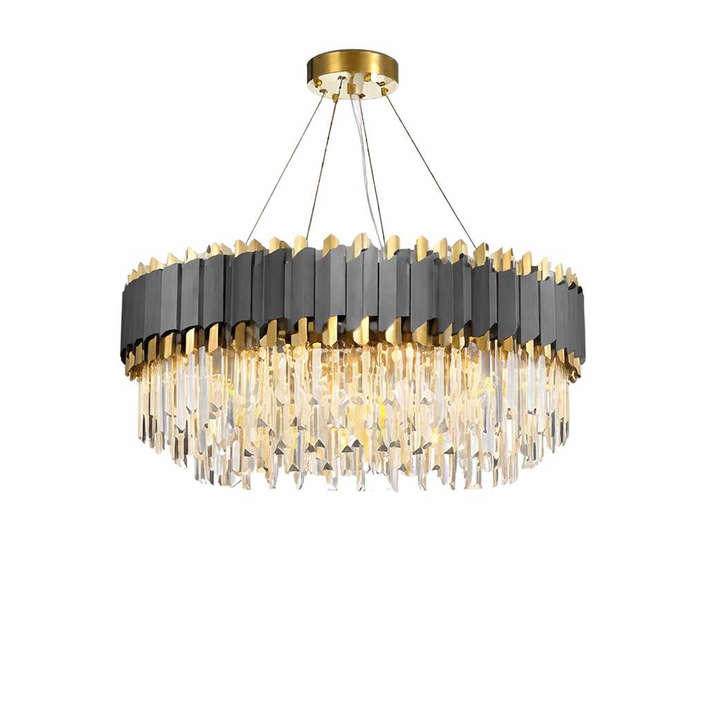 Richmond circular chandelier featuring layered crystal bars arranged around suspended round frame on white background