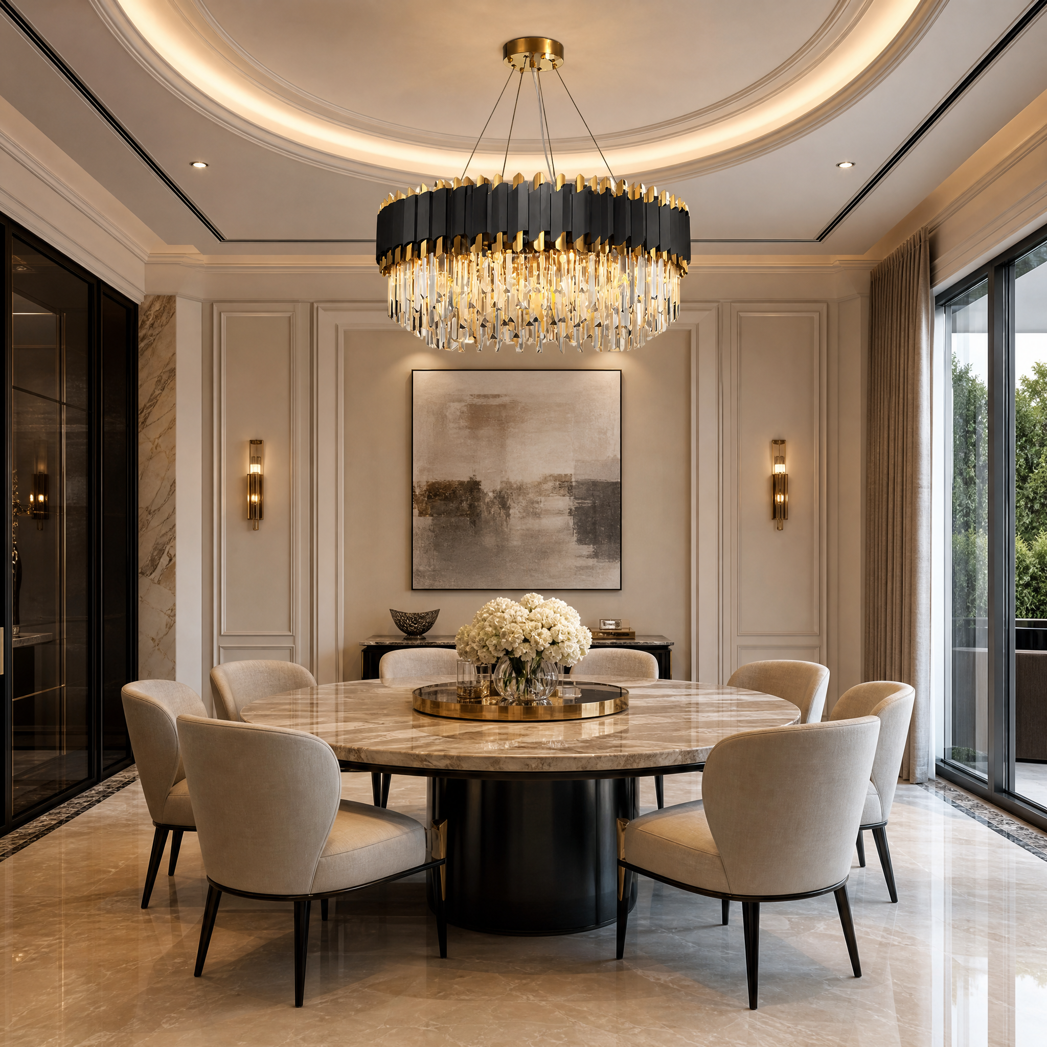 VORELLI Richmond circular crystal chandelier illuminating a sophisticated modern classical residential dining area.