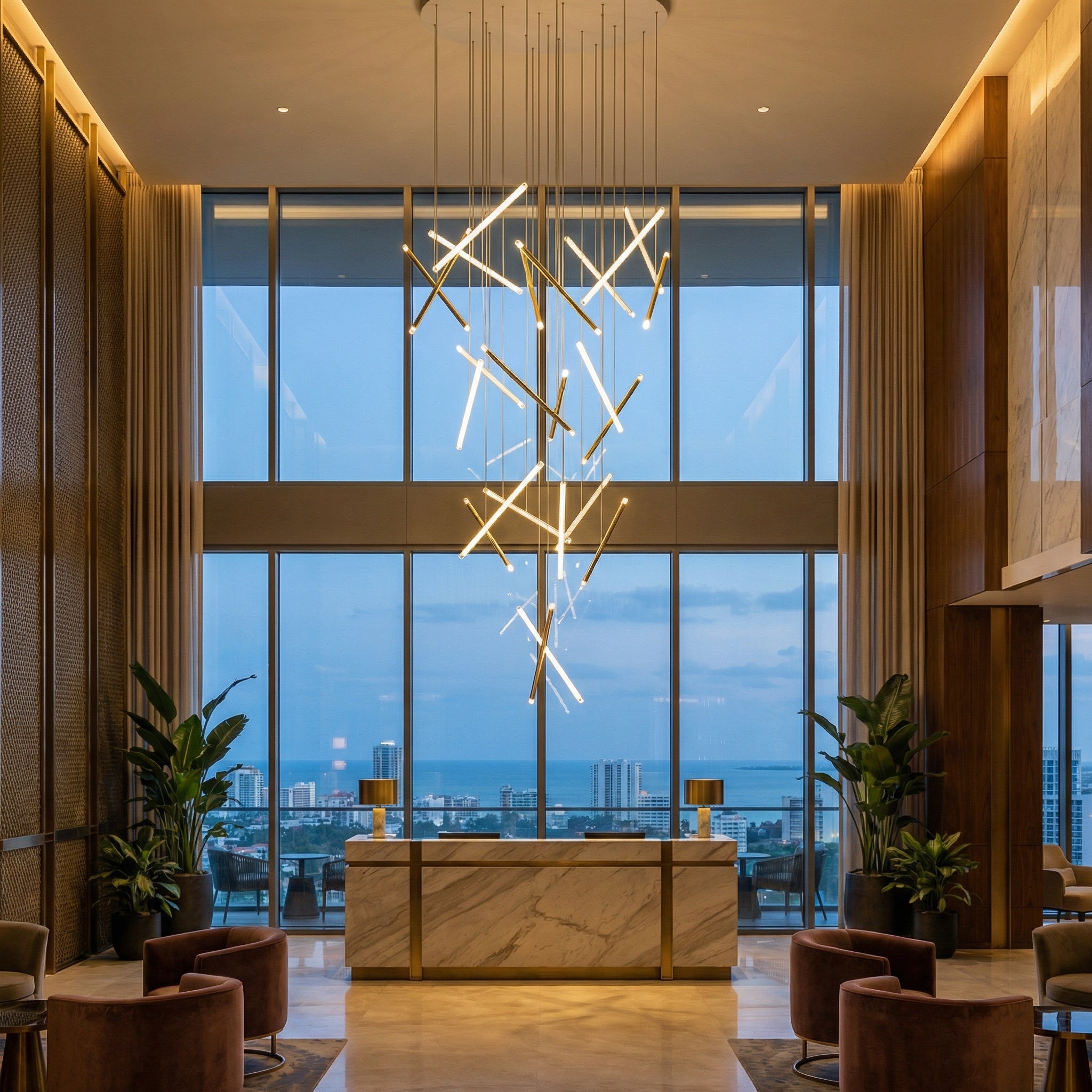 Rizzano pendant staircase chandelier with modern linear LED design in a double-height interior
