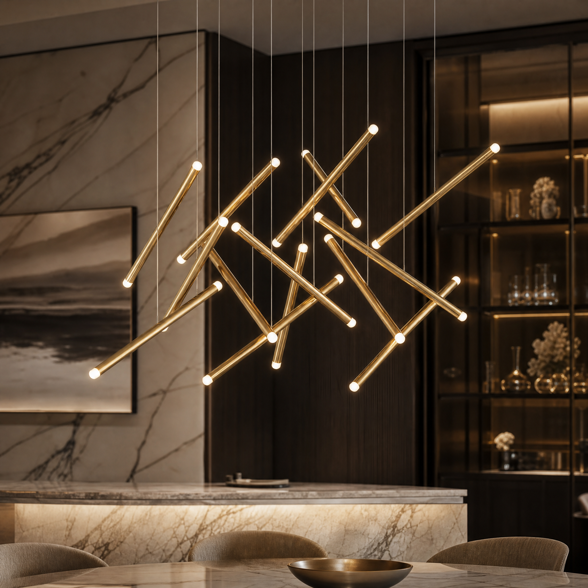 Detailed closeup of the VORELLI Rizzano rectangular chandelier, showcasing the sleek metal frame and elegant linear pendant design.