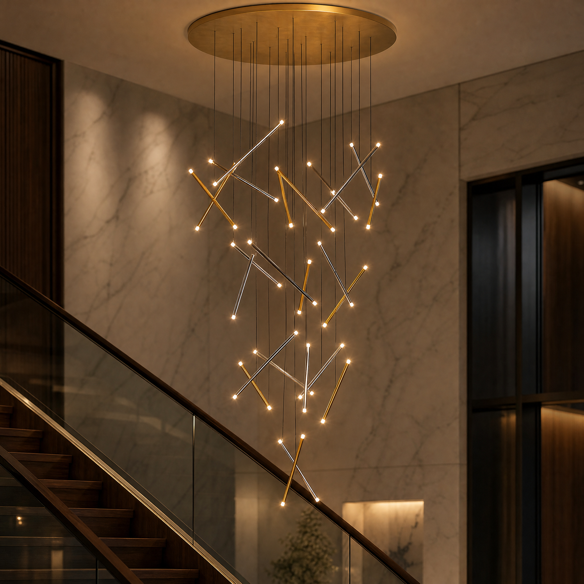 Macro closeup of VORELLI Rizzano pendant chandelier showing refined metallic detailing and soft architectural illumination of the vertical tubes.