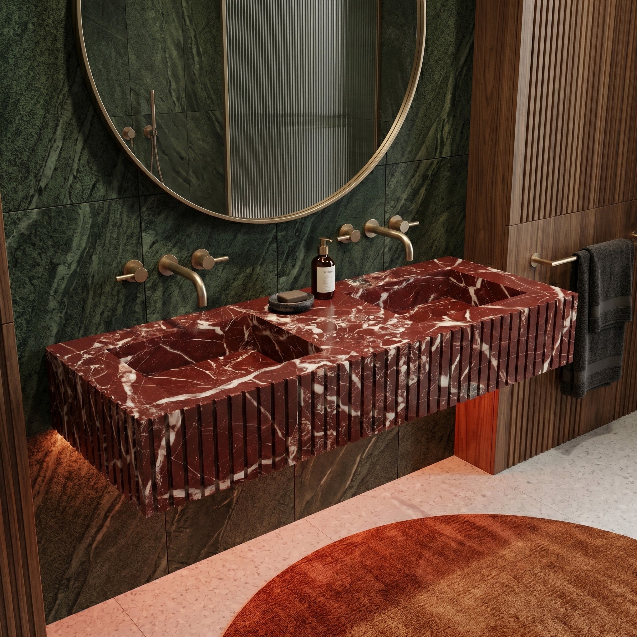 Rosso Levanto Marble Double Sink - Fluted