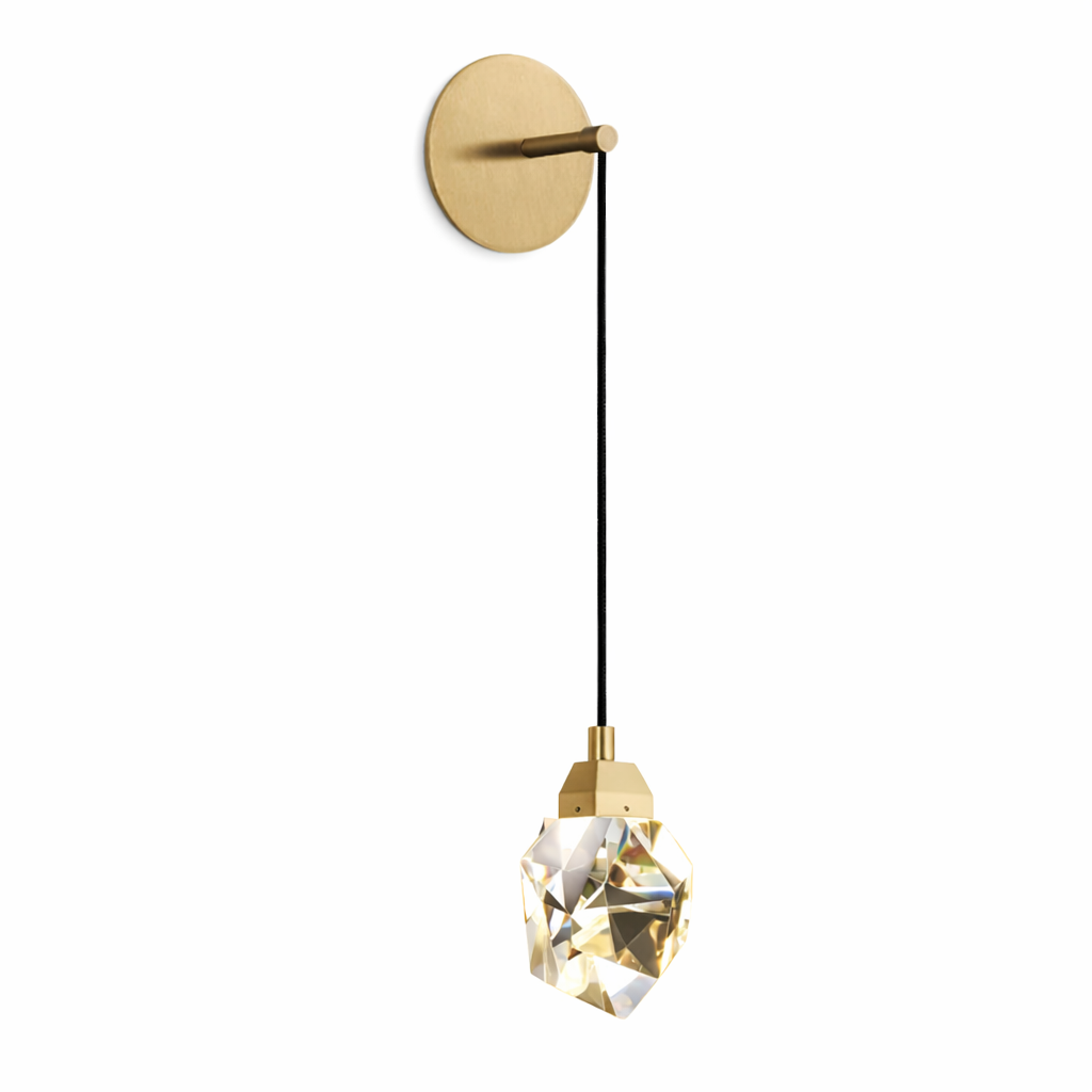 Runtz Wall Light II featuring suspended diamond cut crystal drop mounted on circular wall plate in modern design on white background