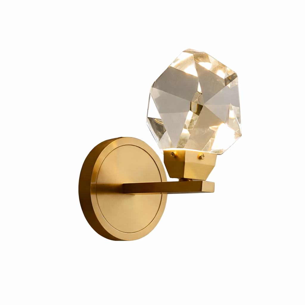 Runtz wall light featuring faceted diamond cut crystal sphere mounted on circular wall plate in modern design on white background