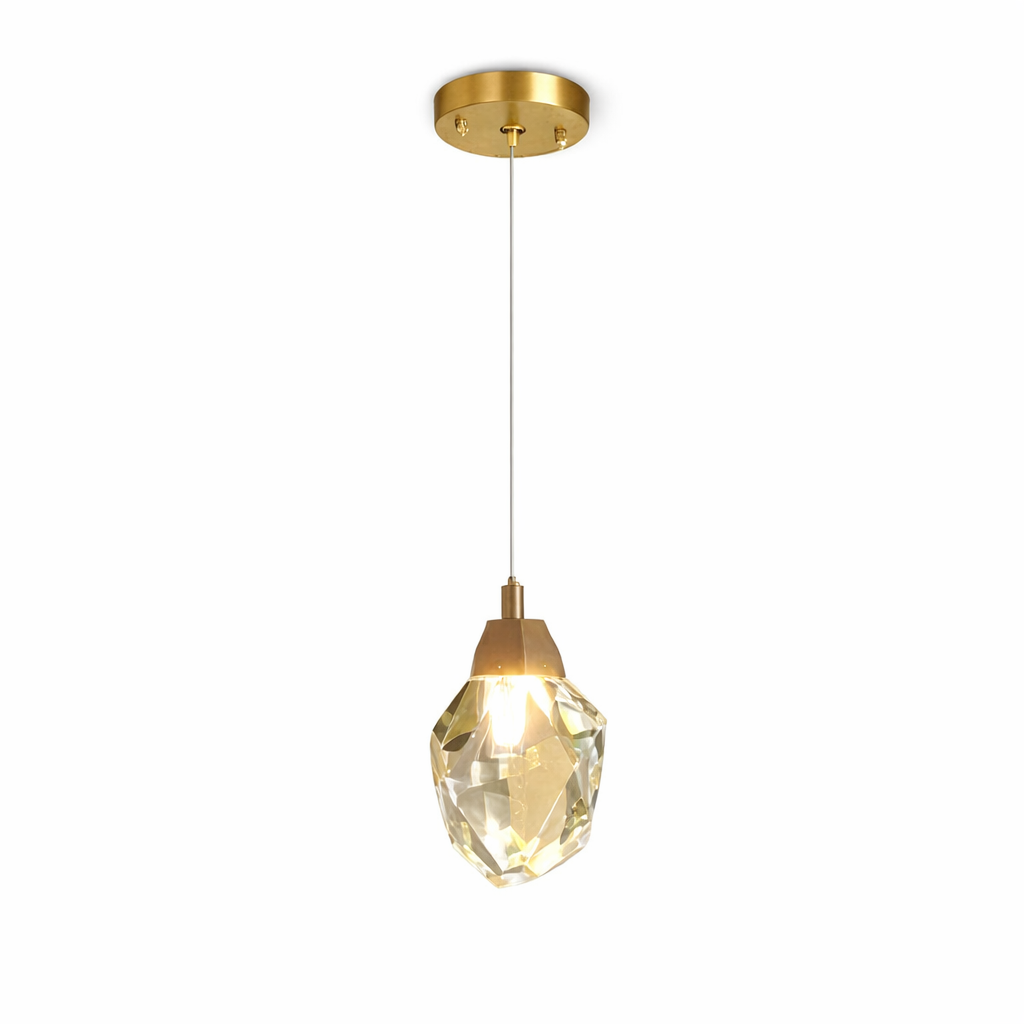 Runtz pendant light featuring faceted diamond cut crystal suspended in minimalist modern design on white background