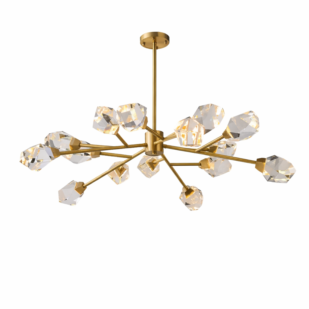 Runtz Pendant II featuring multiple diamond cut crystal spheres arranged on structured modern ceiling frame on white background