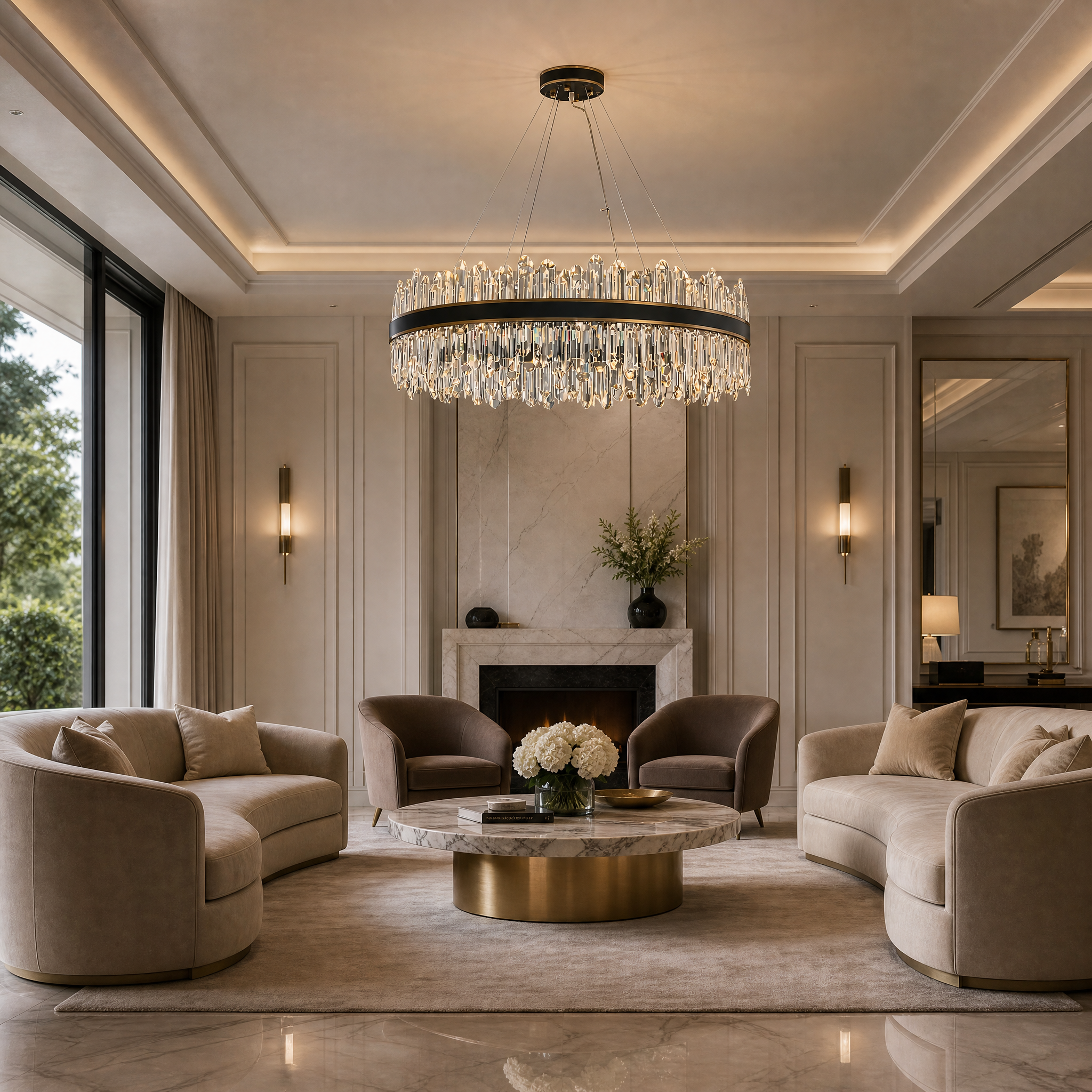 The Sagres Circular Chandelier by VORELLI hanging in a modern, upscale residential living room, casting a warm luxury glow over the interior decor.