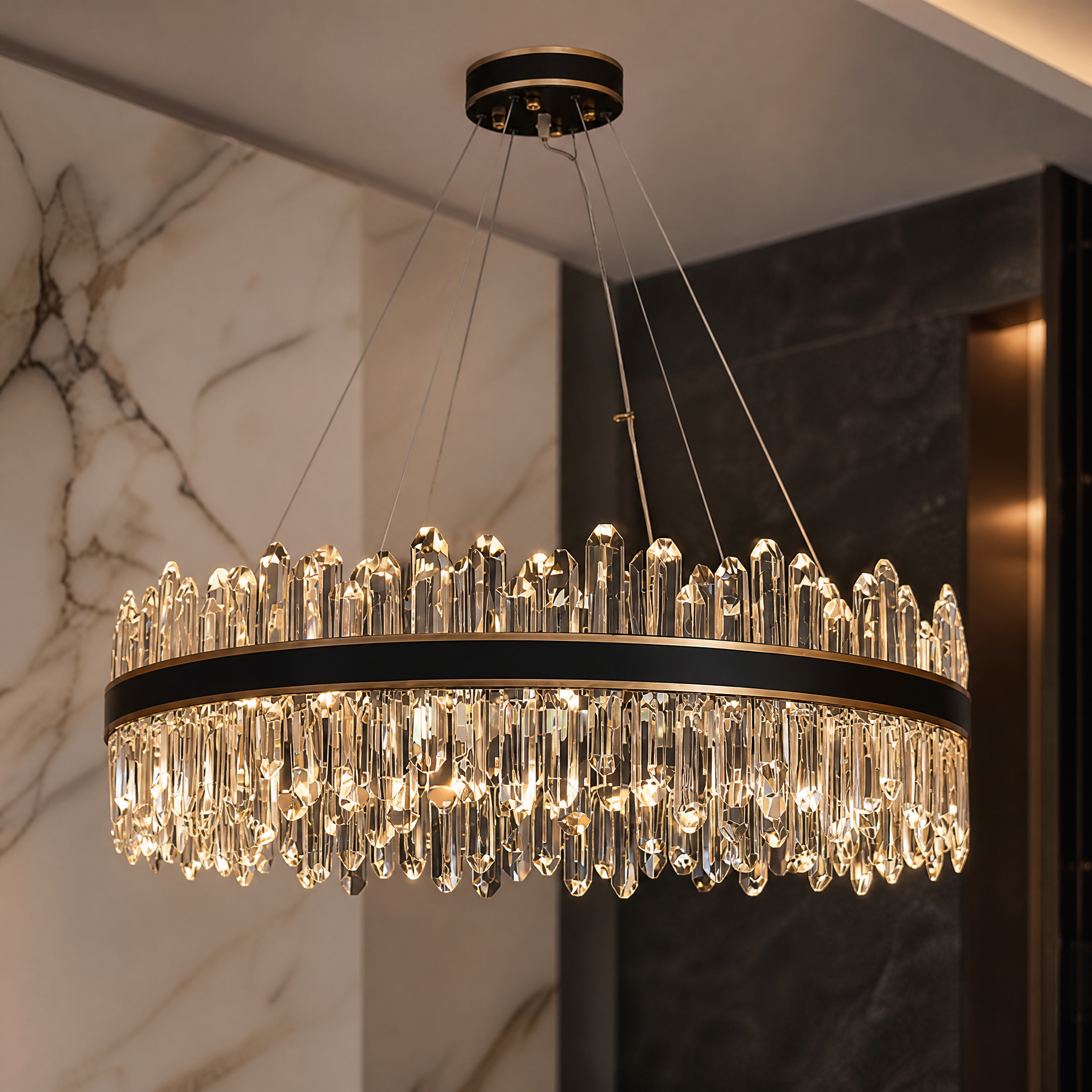 A detailed closeup of the VORELLI Sagres Circular Chandelier, showcasing the intricate diamond cut oblong crystals against the dual finish of Matte Black and Brushed Titanium Gold trim.