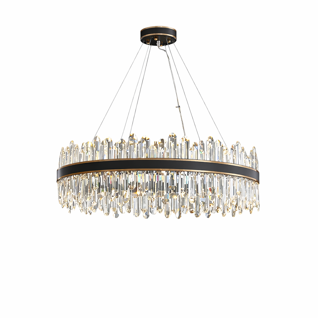 Sagres circular chandelier featuring diamond cut oblong crystals arranged around sleek round frame in modern luxury design on white background